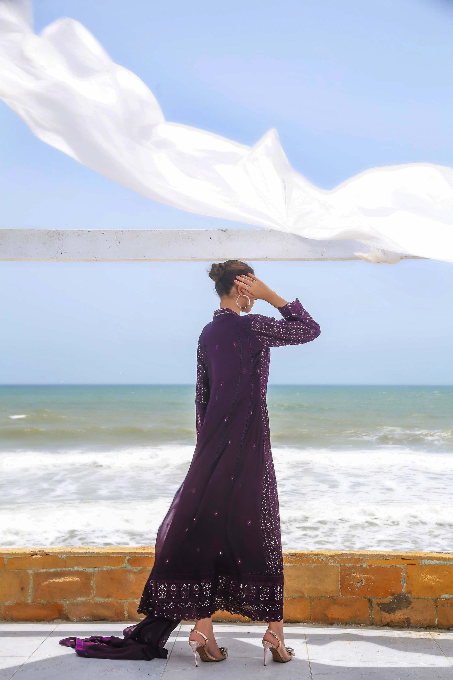 Back view of dark purple embroidered dress