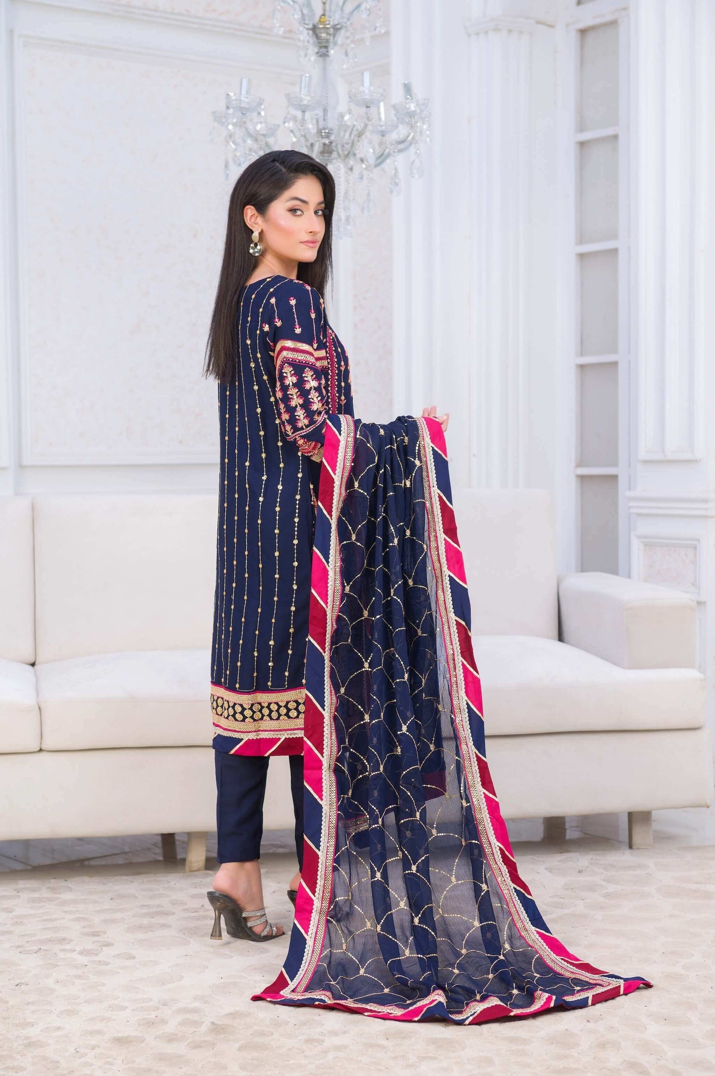 Blue Chiffon Shalwar Kameez with Multicolour Embroidery Back Picture