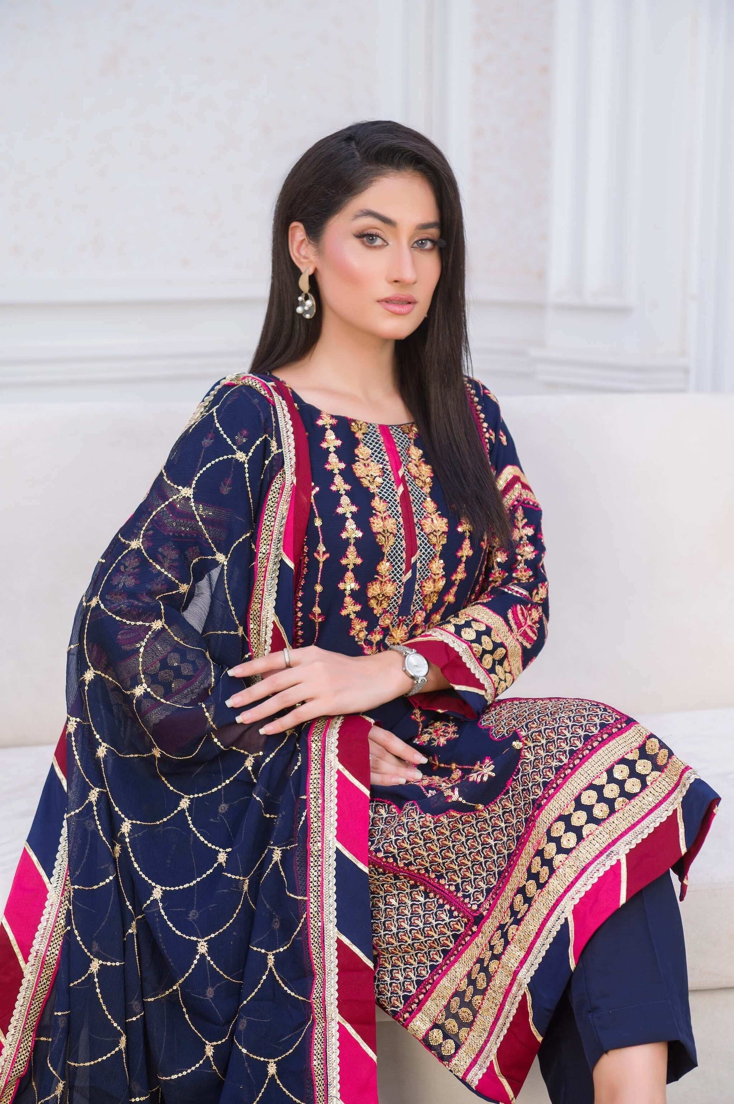 Blue Chiffon Shalwar Kameez with Multicolour Embroidery Sit Close Emb Picture