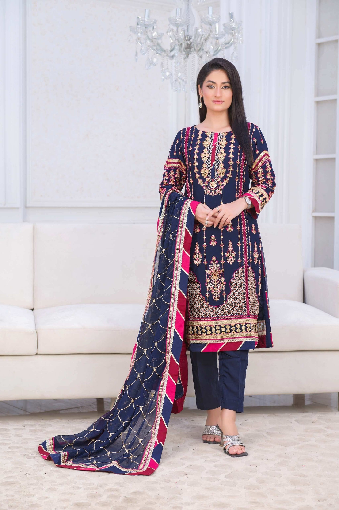 Blue Chiffon Shalwar Kameez with Multicolour Embroidery Front Picture