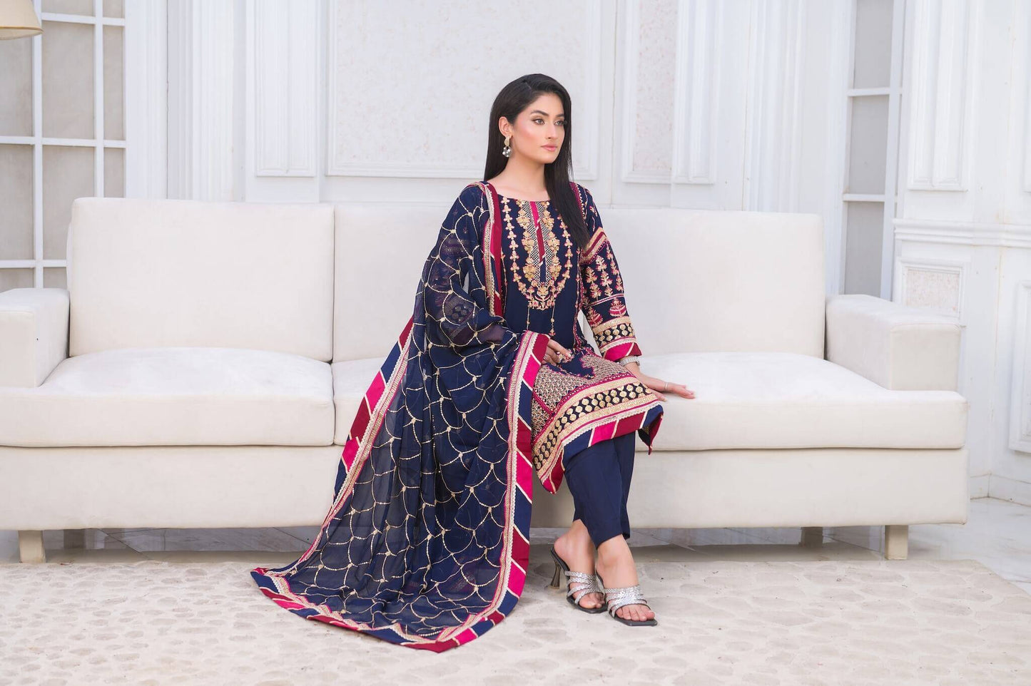 Blue Chiffon Shalwar Kameez with Multicolour Embroidery Sit Picture