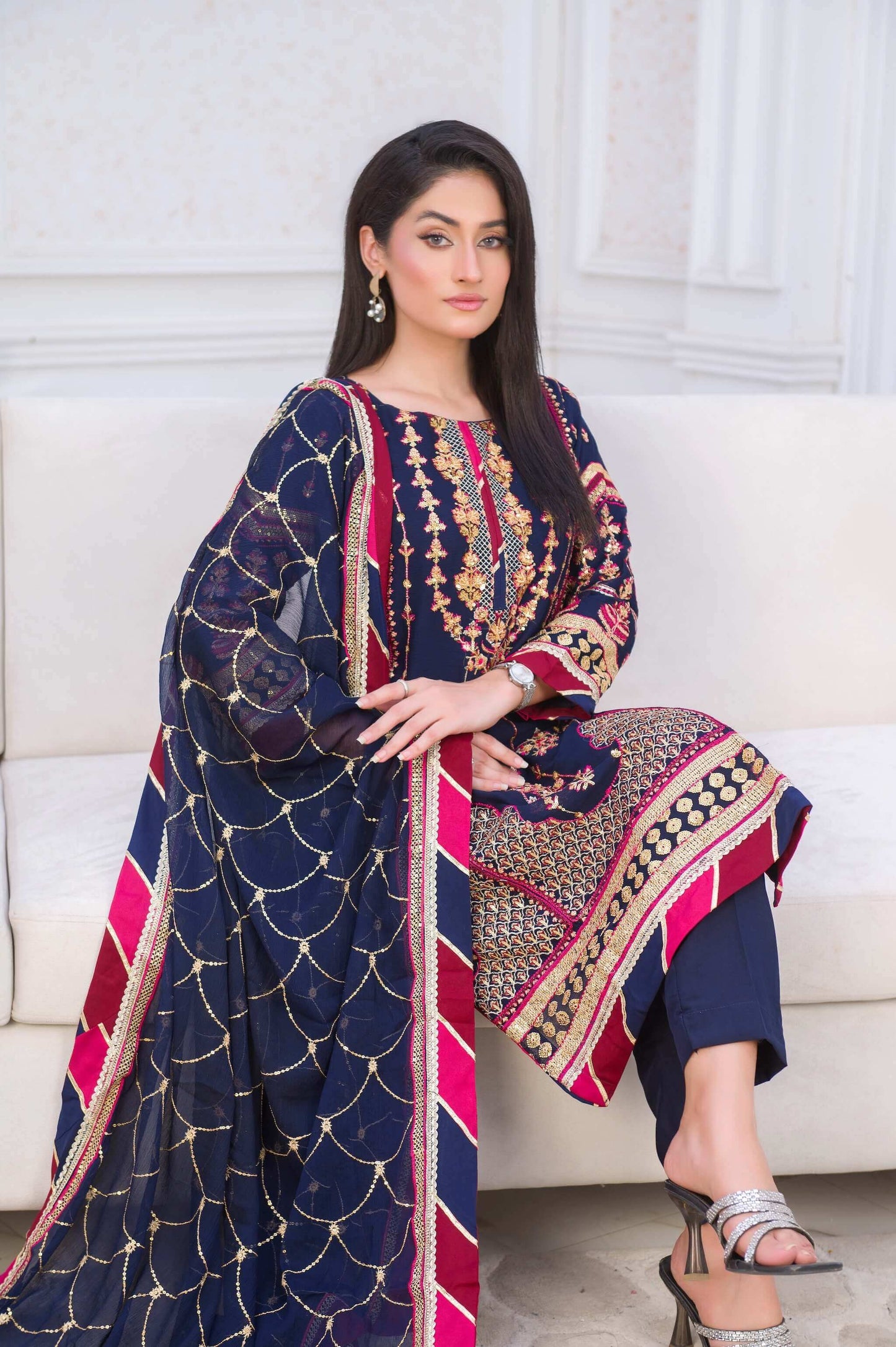 Blue Chiffon Shalwar Kameez with Multicolour Embroidery Sit Close Picture