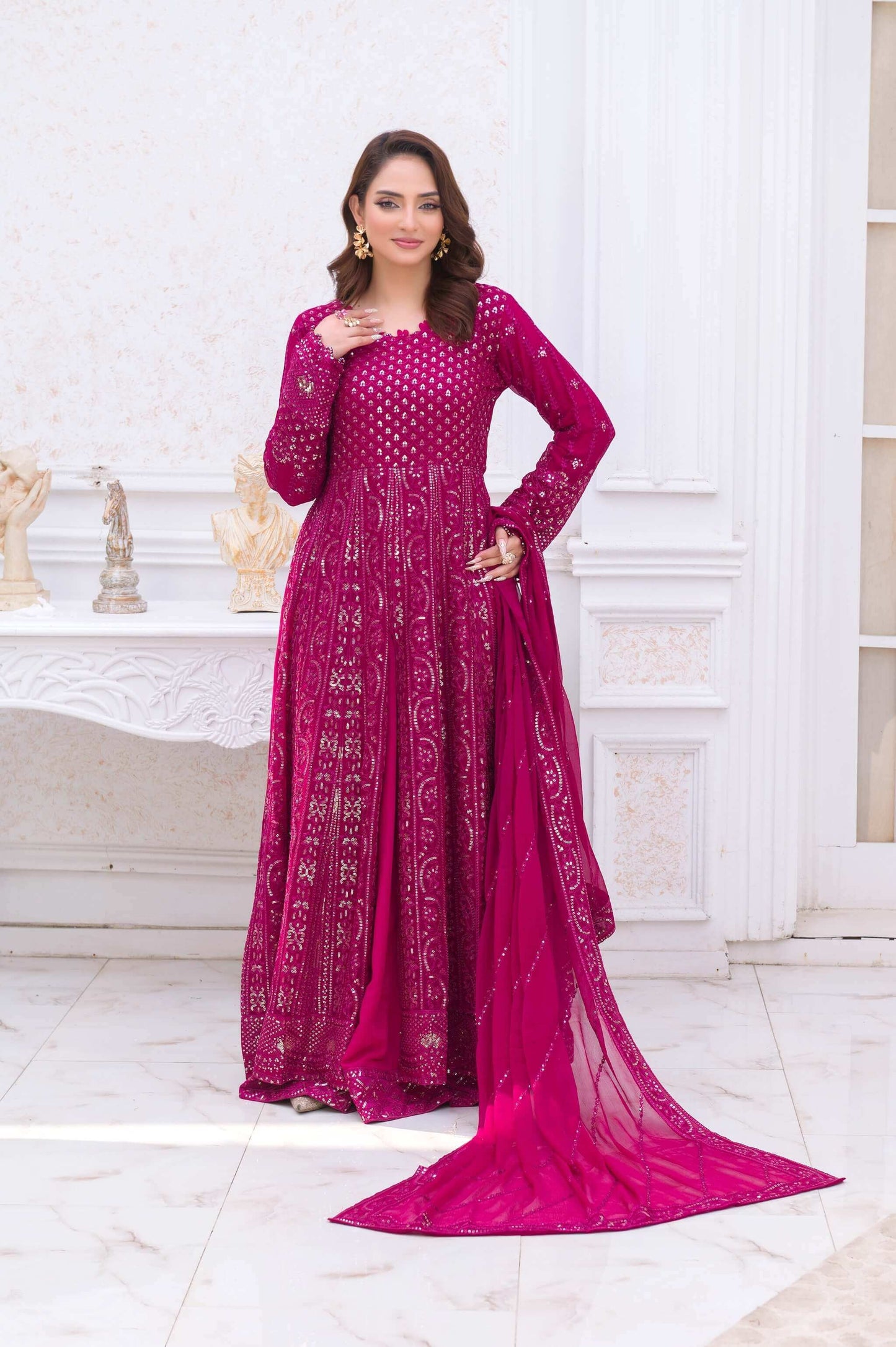 Magenta Wedding Lehenga Dress – Long Embroidered Party Wear Outfit with Dupatta