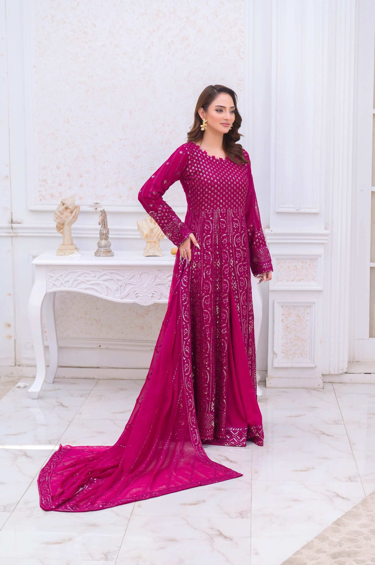 Magenta Wedding Lehenga Dress – Long Embroidered Party Wear Outfit with Dupatta Full