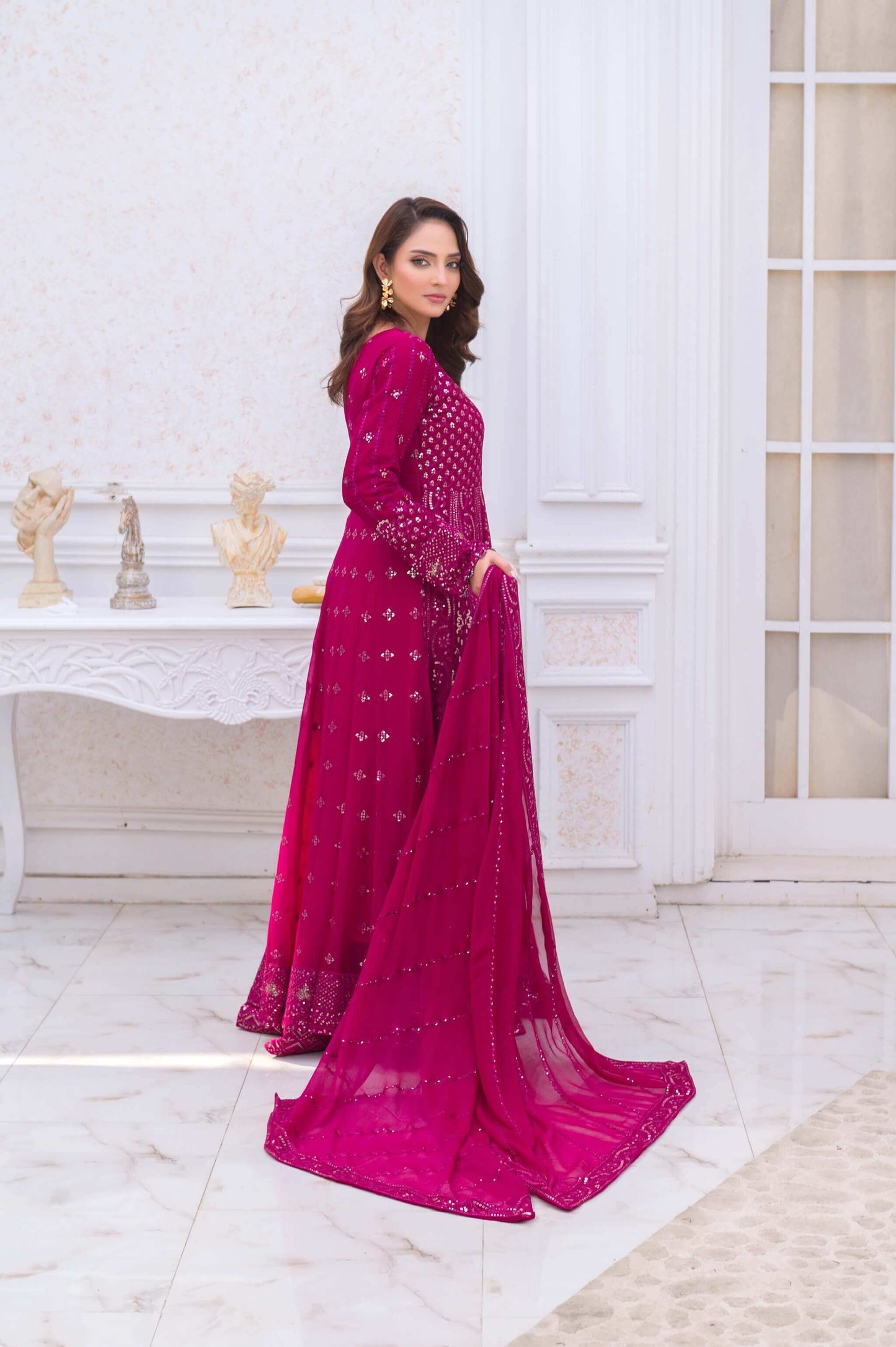 Magenta Wedding Lehenga Dress – Long Embroidered Party Wear Outfit with Dupatta Back pose