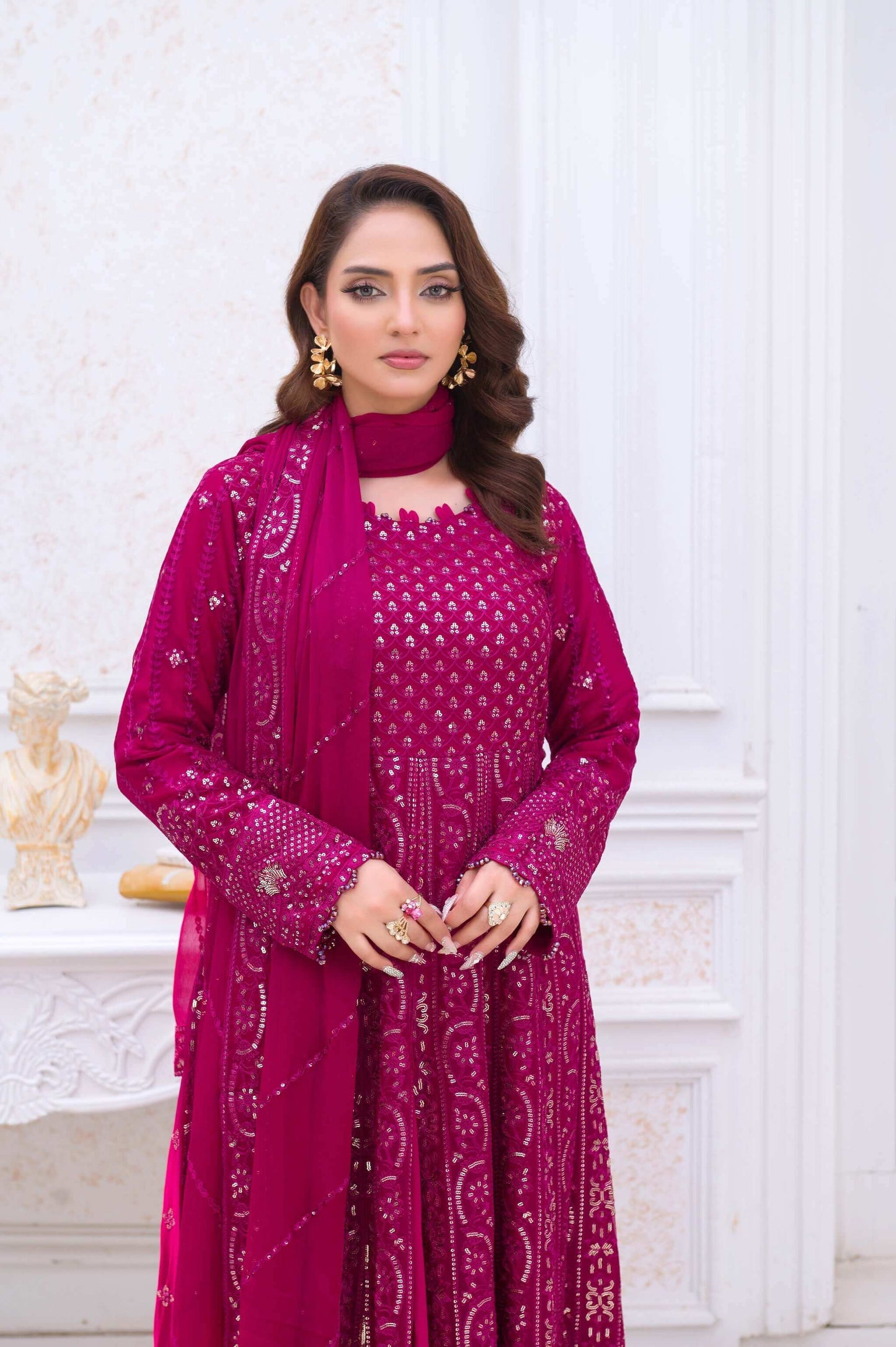 Magenta Wedding Lehenga Dress – Long Embroidered Party Wear Outfit with Dupatta close pose
