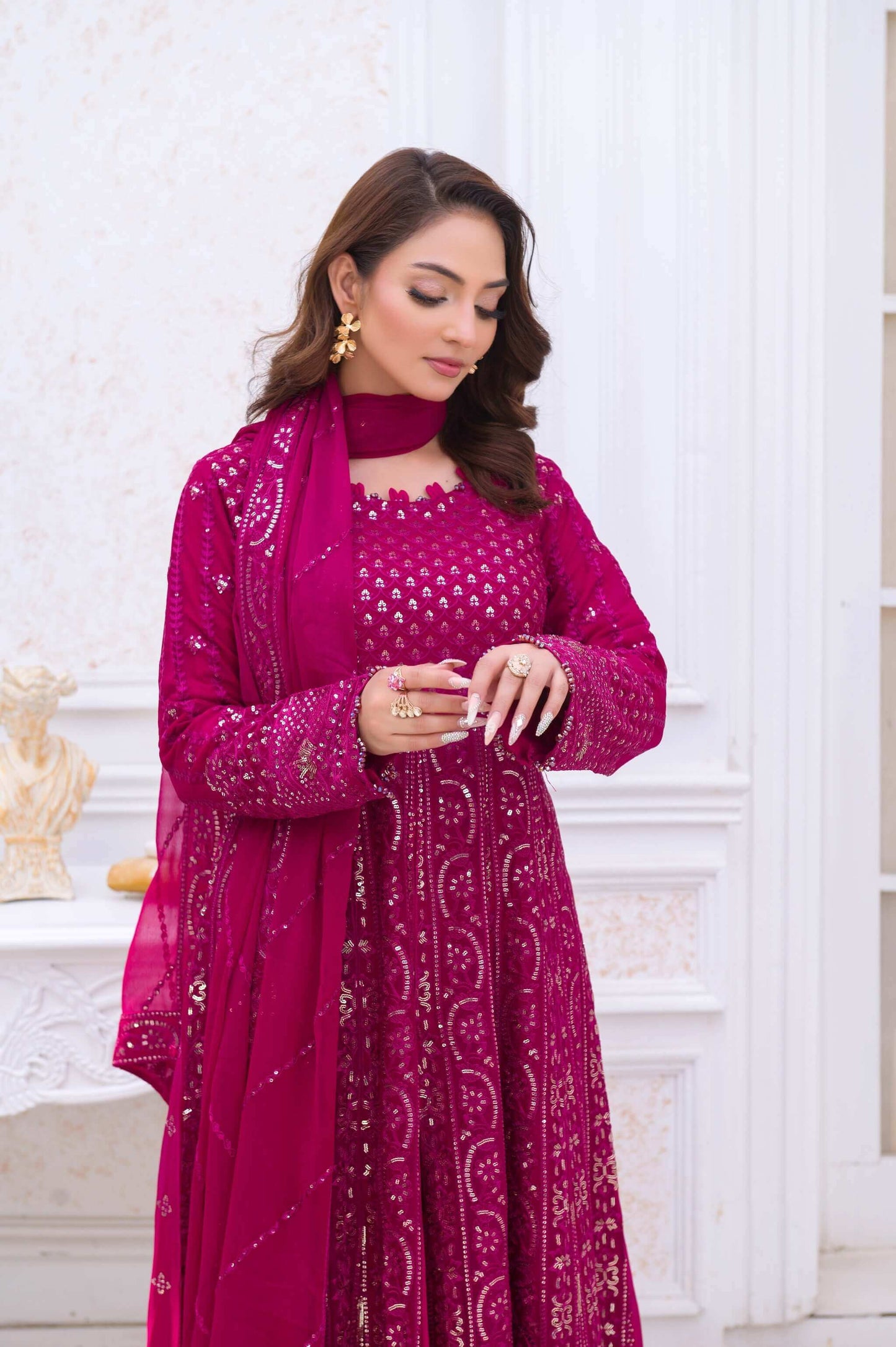 Magenta Wedding Lehenga Dress – Long Embroidered Party Wear Outfit with Dupatta close pose pic