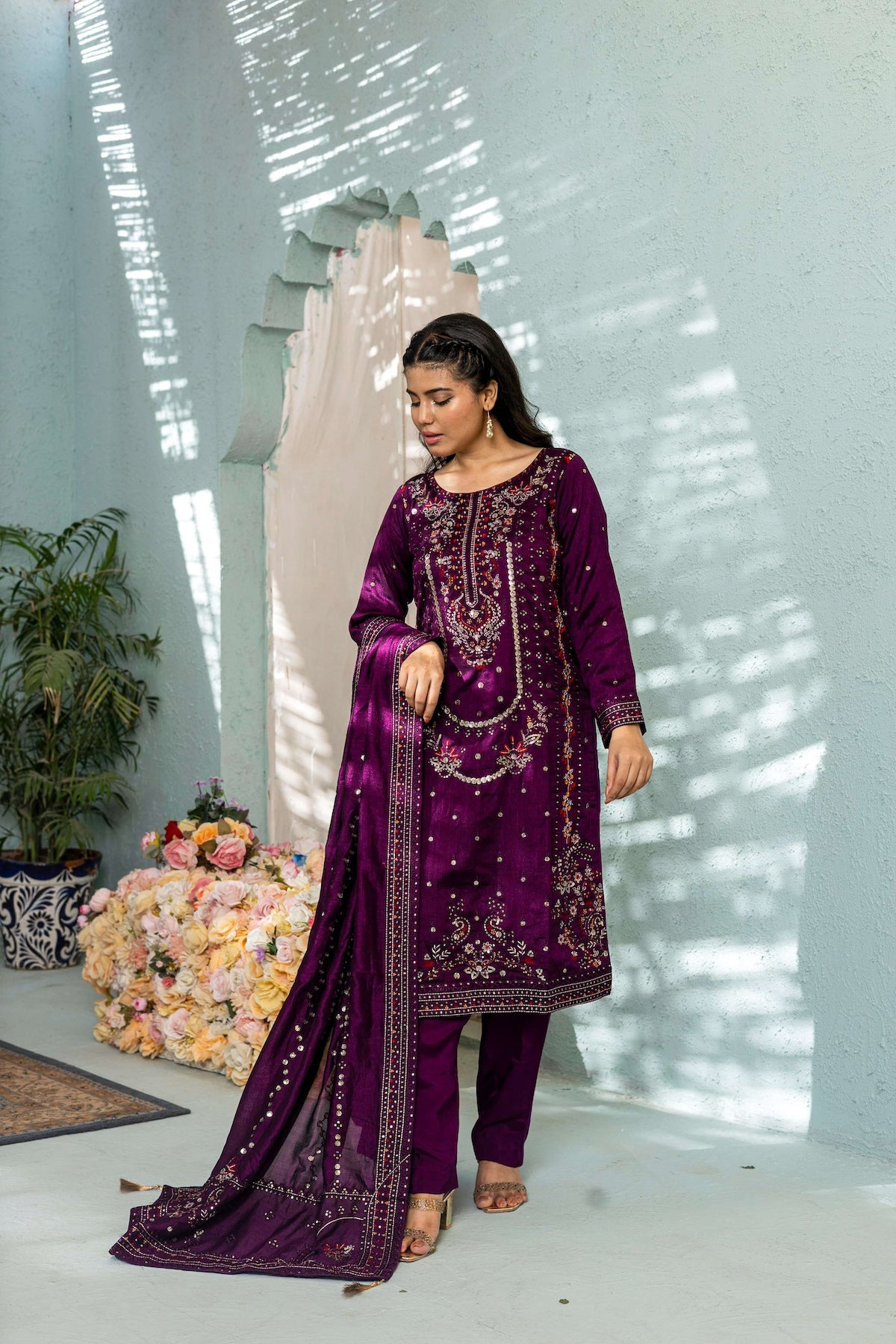Dupatta styled with full purple outfit