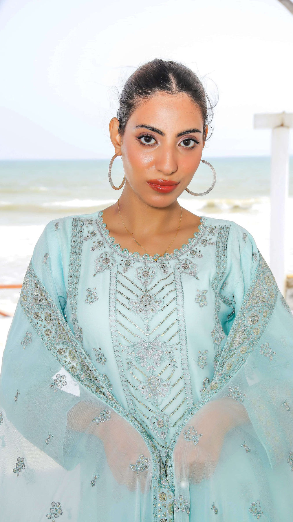 Embroidery on kameez neckline and dupatta