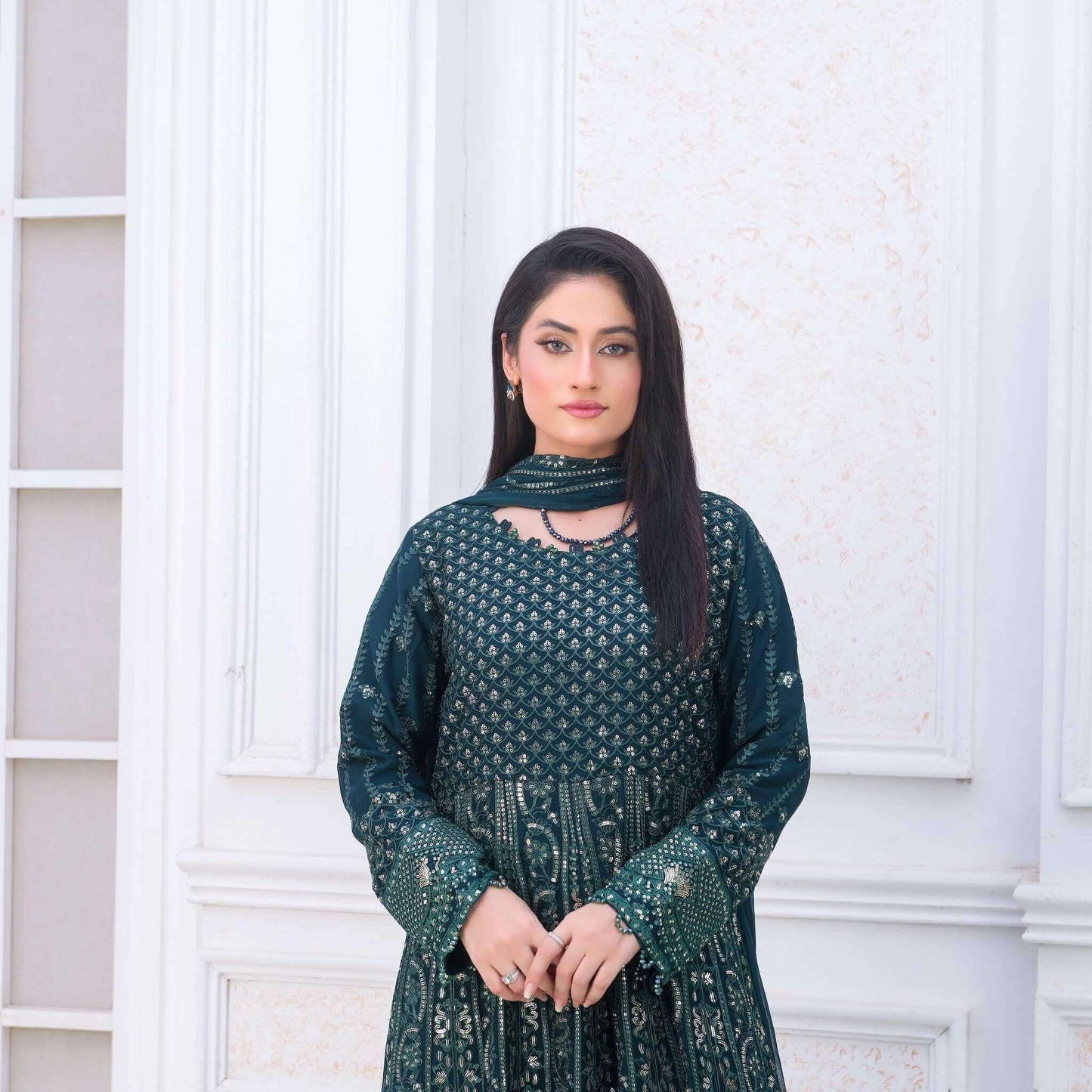 Green Wedding Lehenga Dress Close picture embroidery front