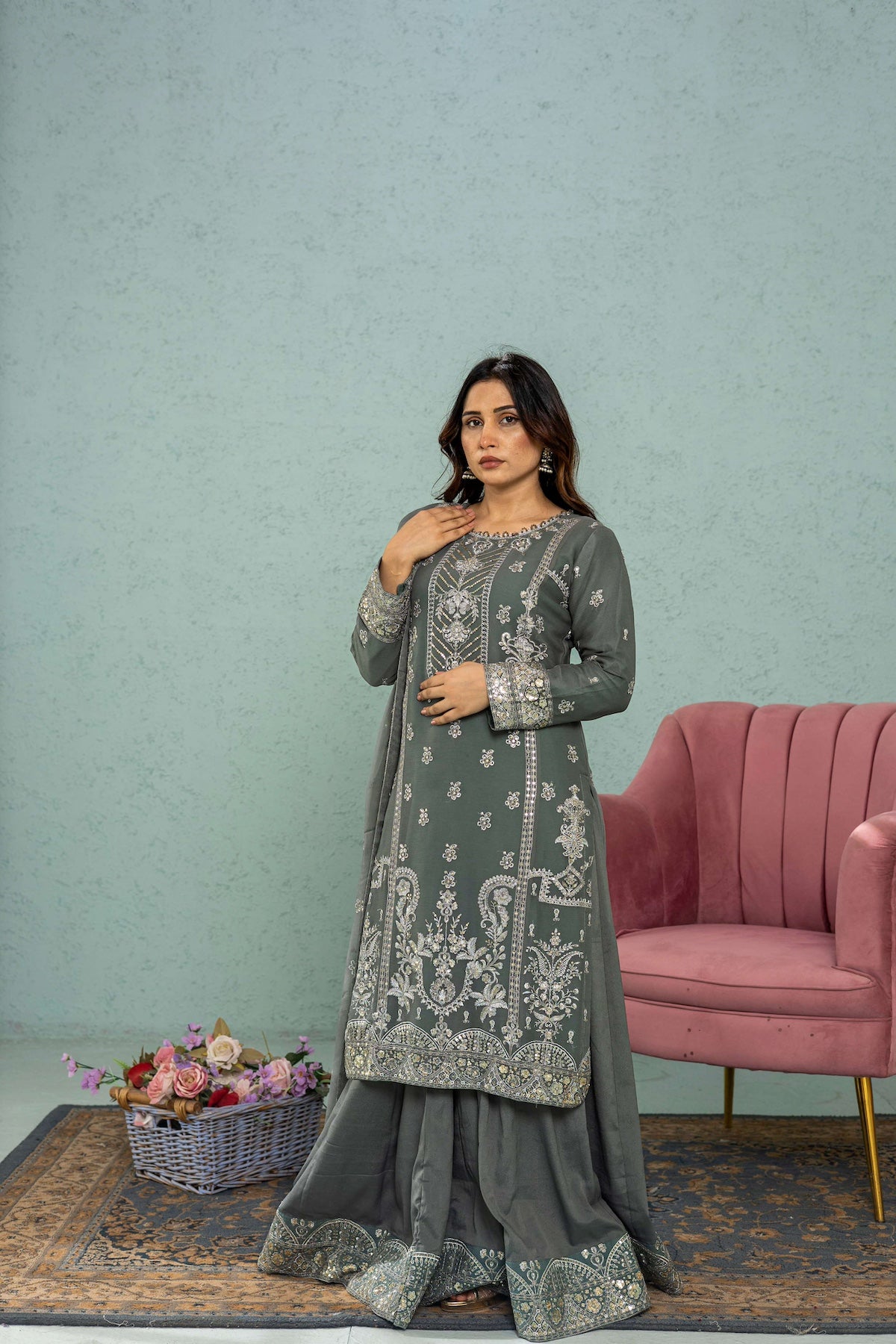Grey embroidered lehnga 3-piece full front view
