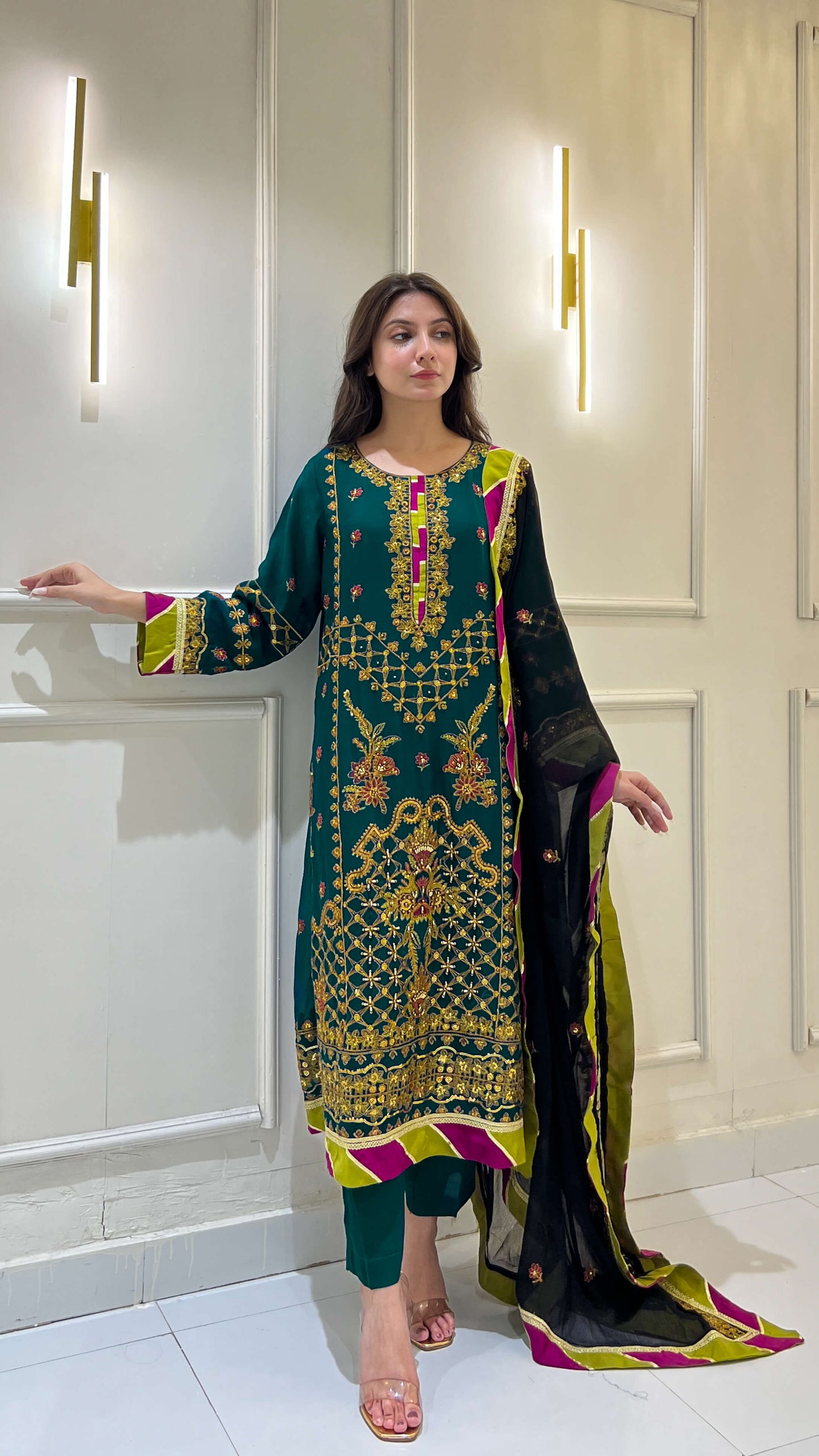 Hand-Embroidered Dark Sea Green Chiffon Suit with Black Dupatta Complete Look