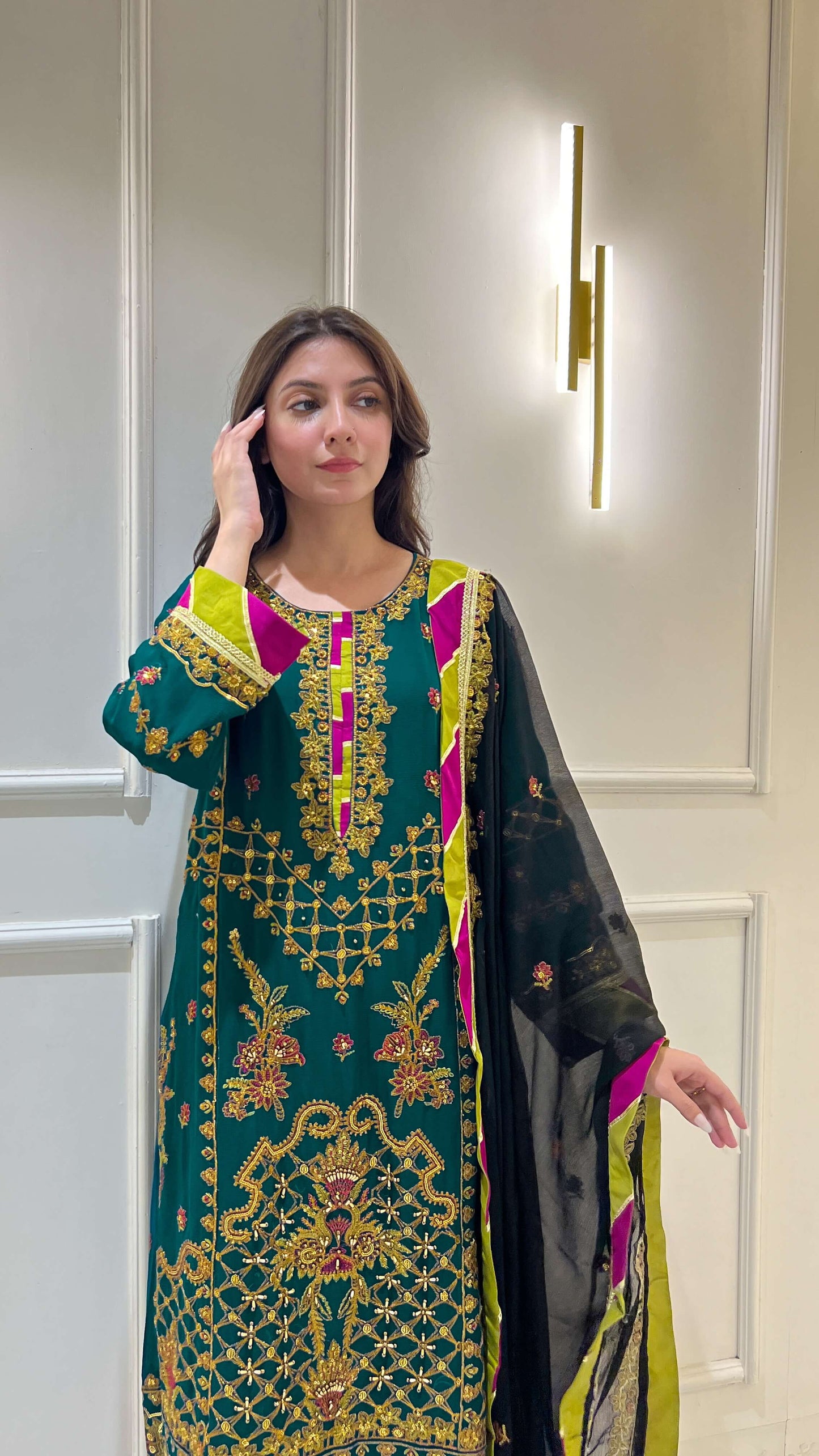 Hand-Embroidered Dark Sea Green Chiffon Suit Detailed Look