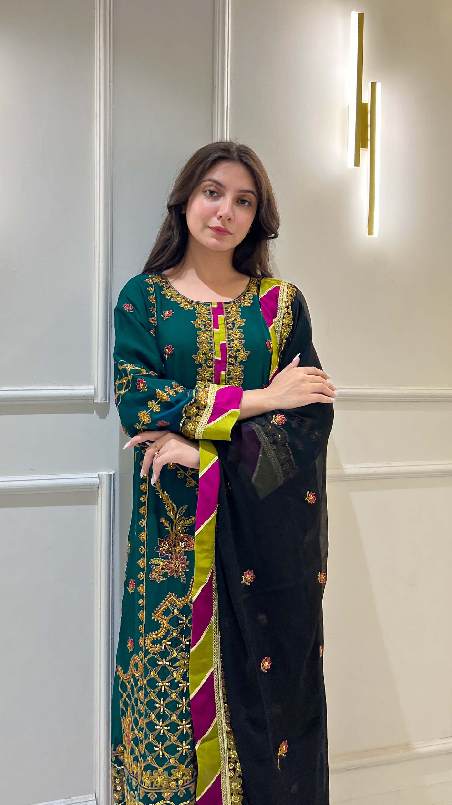 Hand-Embroidered Dark Sea Green Chiffon Suit With Black Dupatta