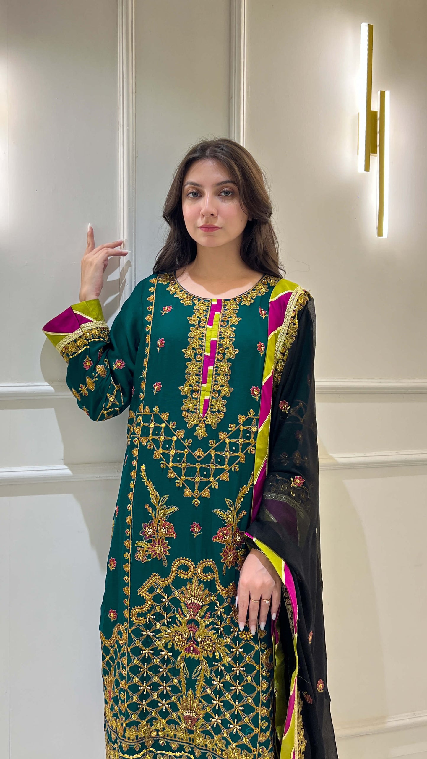 Hand-Embroidered Dark Sea Green Chiffon Suit