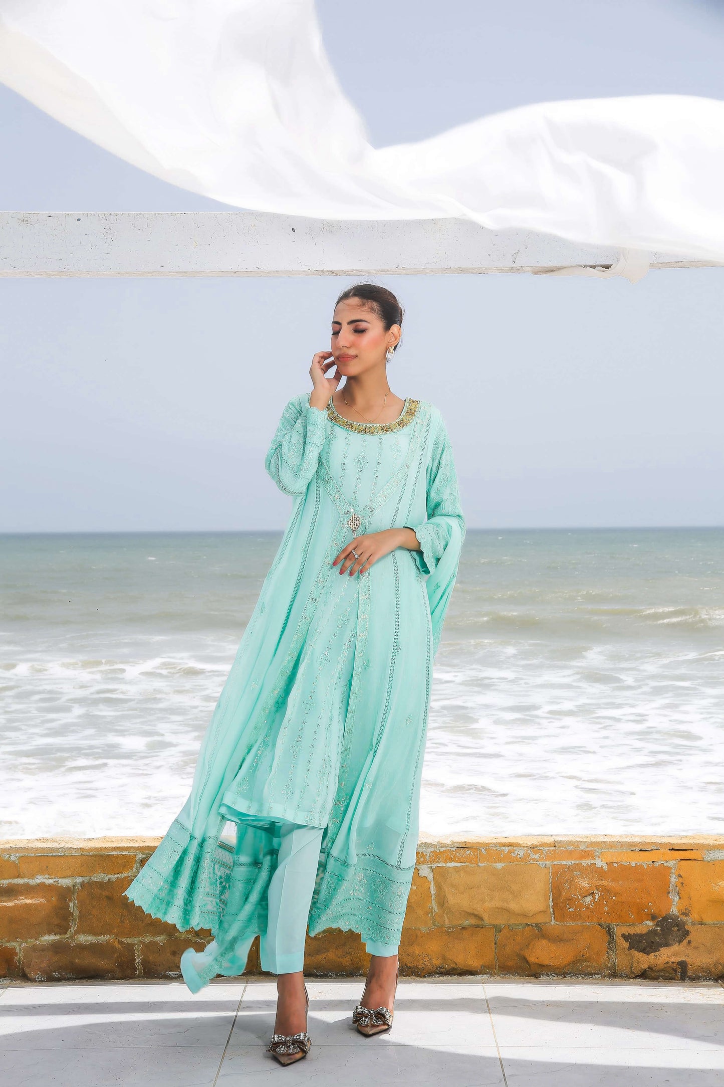Light blue embroidered gown front view