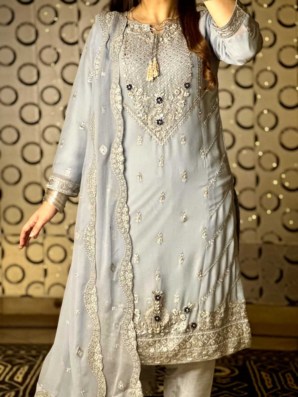 Women's Light Gray Chiffon Shalwar Kameez with Handwork Front Picture