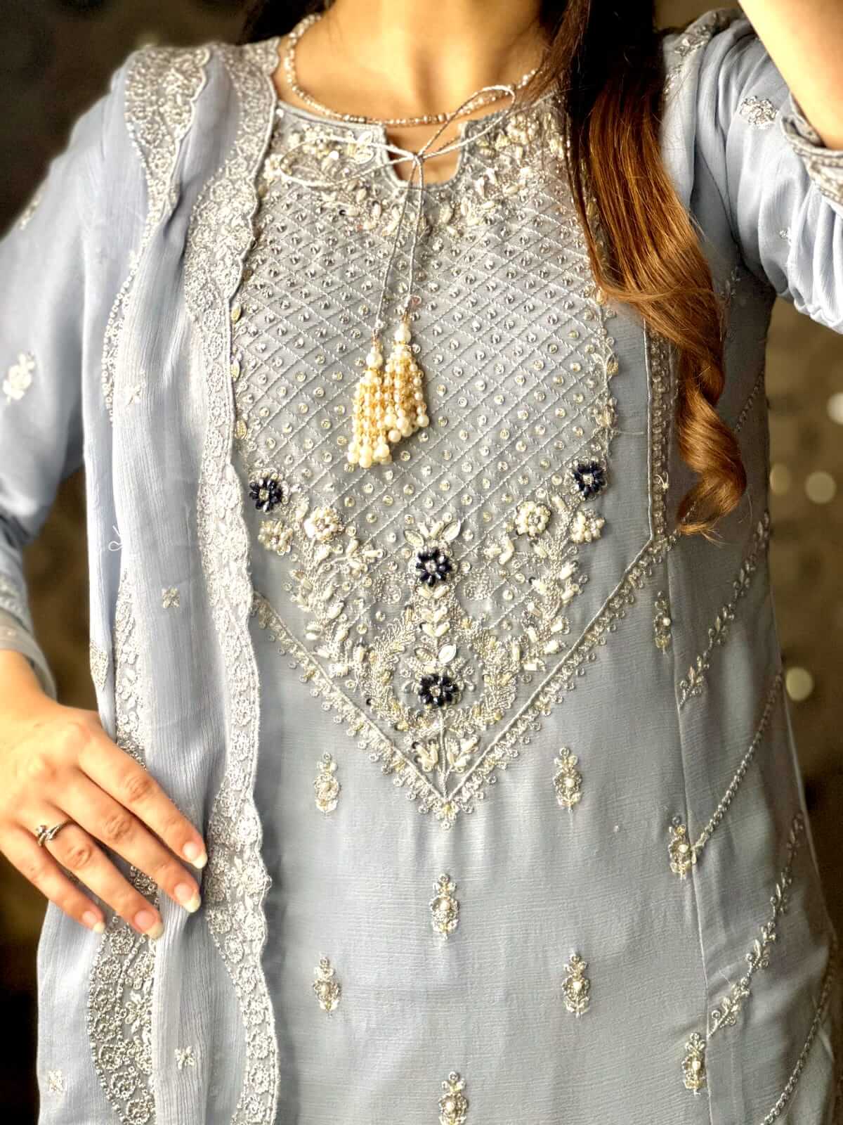 Women's Light Gray Chiffon Shalwar Kameez with handwork Close Embroidery