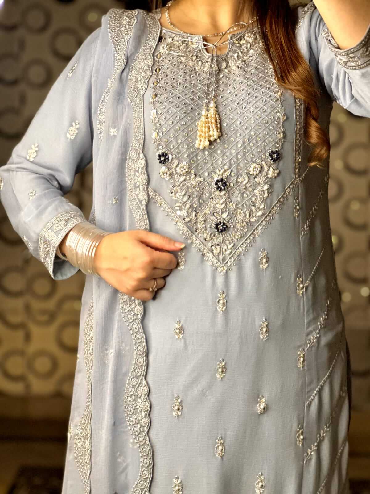 Women's Light Gray Chiffon Shalwar Kameez with handwork Close Up Pic
