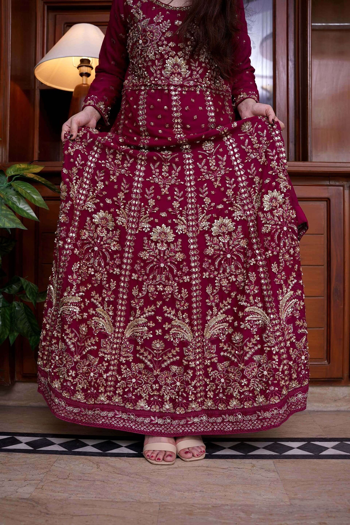 Magenta Chiffon Maxi Dress with Handwork Close Picture