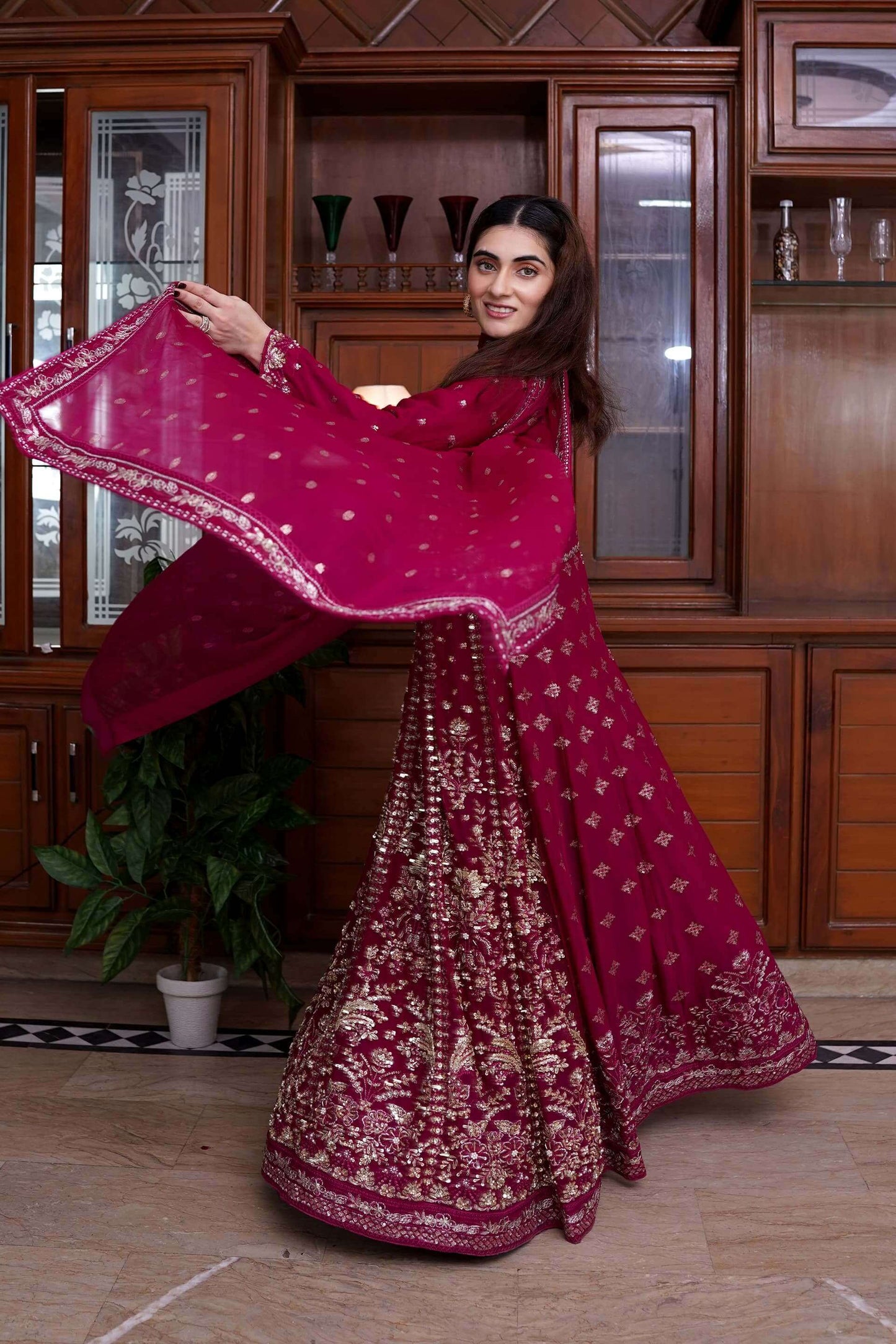 Magenta Chiffon Maxi Dress with Handwork Moving Dupaata pic
