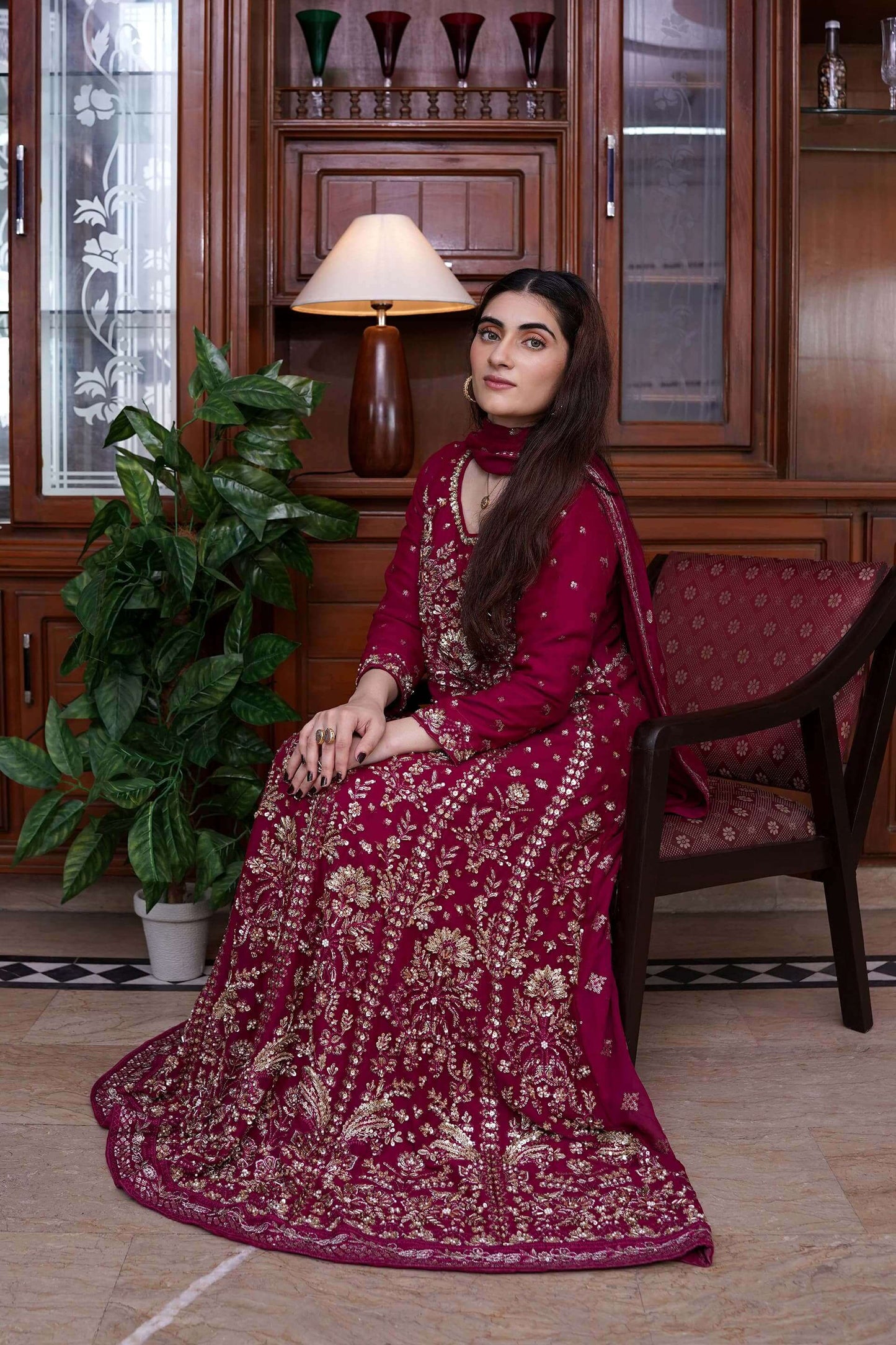 Magenta Chiffon Maxi Dress with Handwork Sitting pic