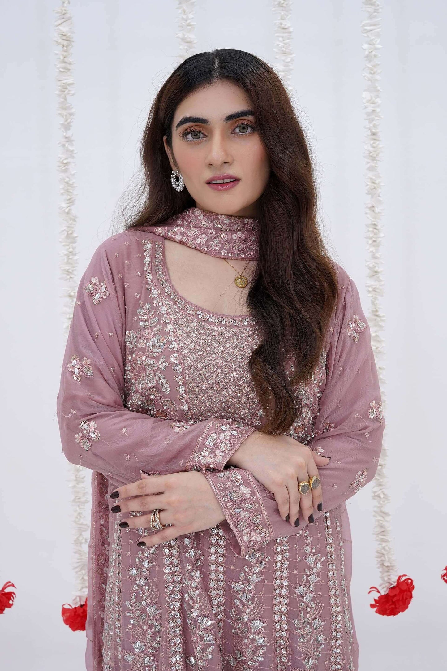 Mauve Luxury Chiffon Maxi Dress with Handwork Close Embroidery Picture