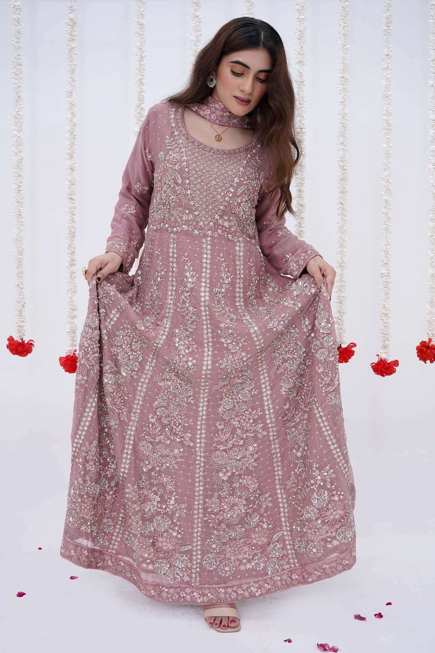 Mauve Luxury Chiffon Maxi Dress with Handwork Front Complete Picture