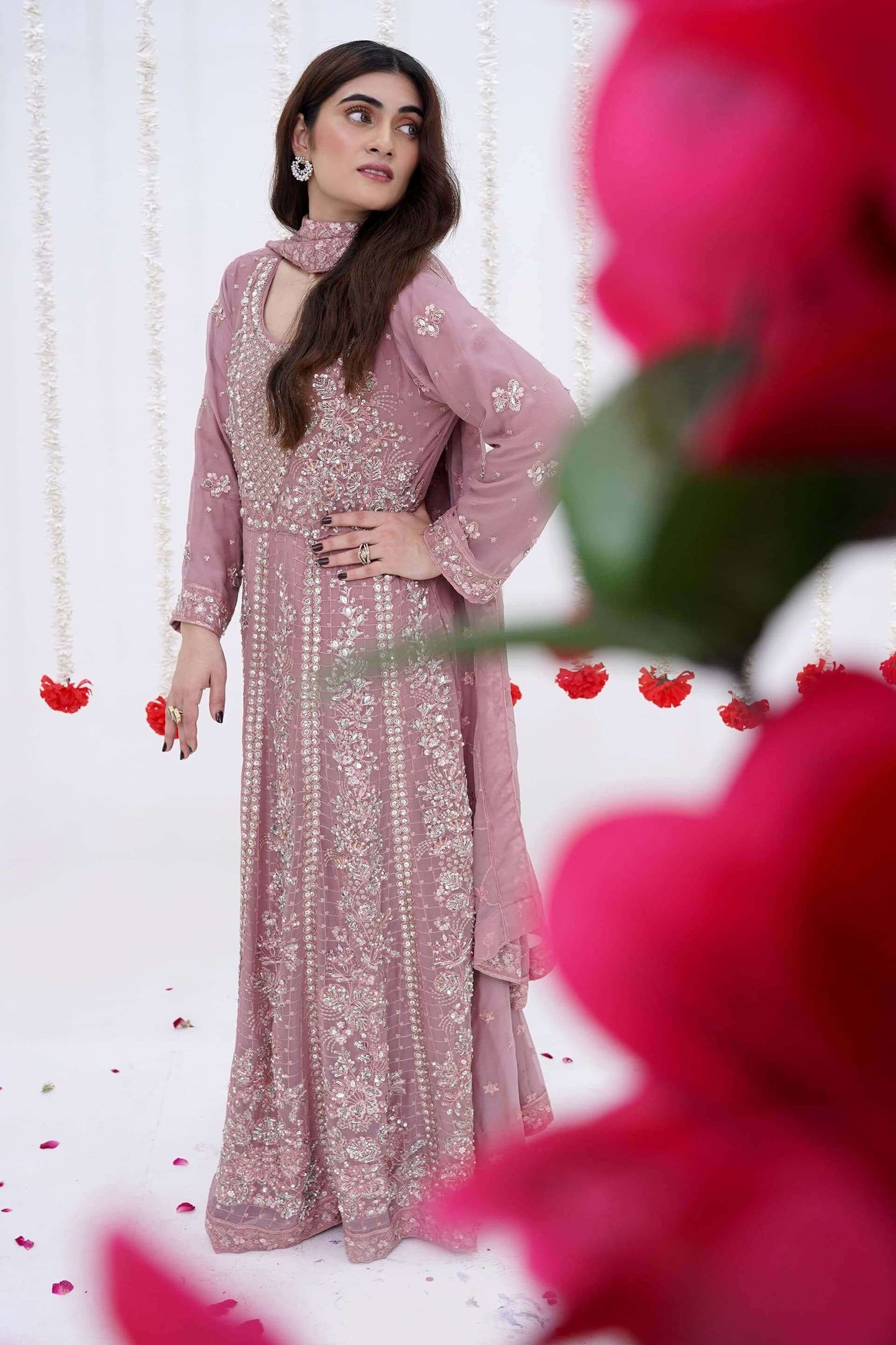 Mauve Luxury Chiffon Maxi Dress with Handwork Pose Picture