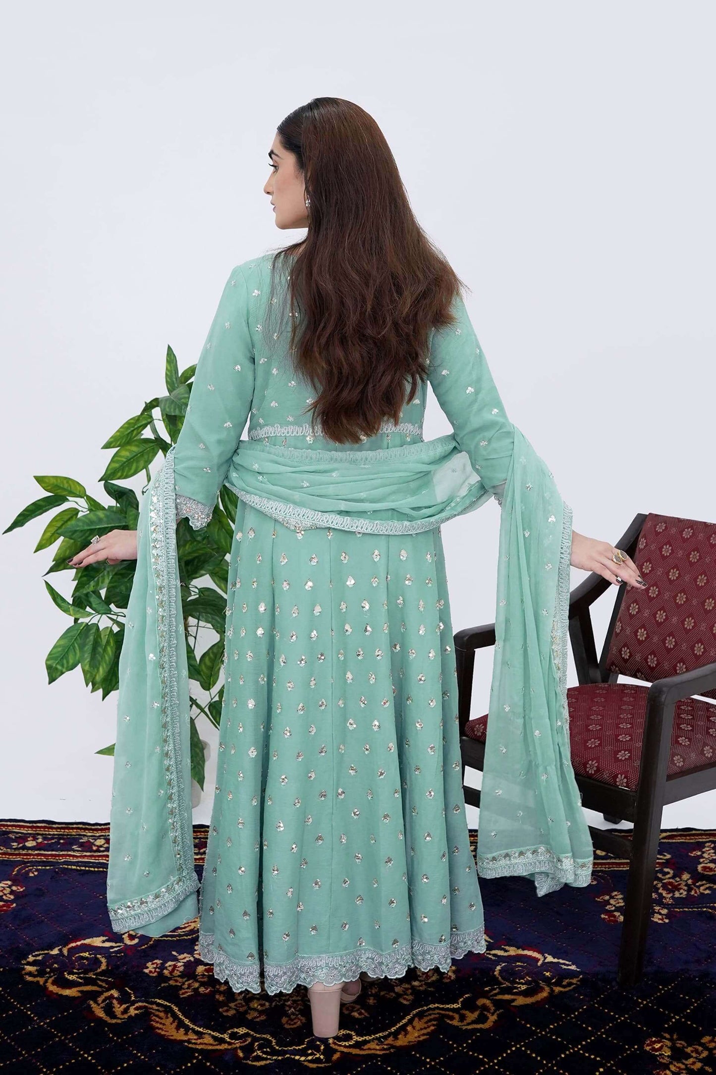 Women Wearing Mint Cream Designer Chiffon Maxi Dress with Handwork Back Picture