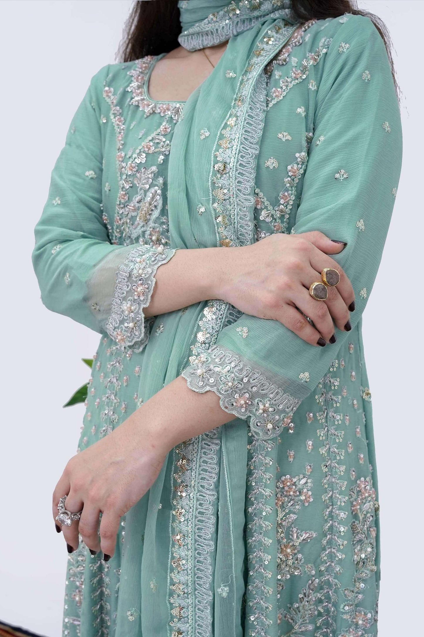 Women Wearing Mint Cream Designer Chiffon Maxi Dress with Handwork Close Embroidery Picture