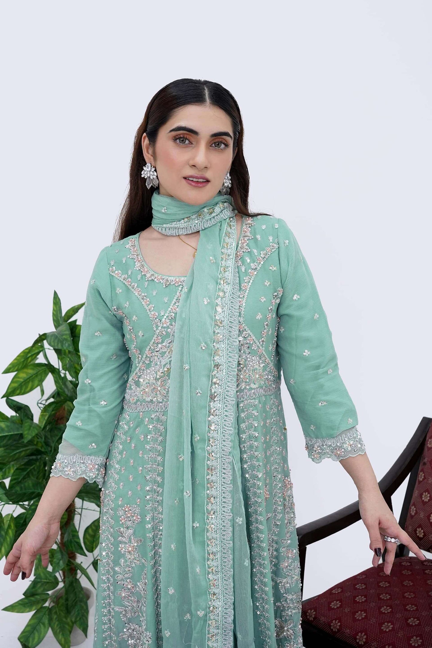 Women Wearing Mint Cream Designer Chiffon Maxi Dress with Handwork Close Picture