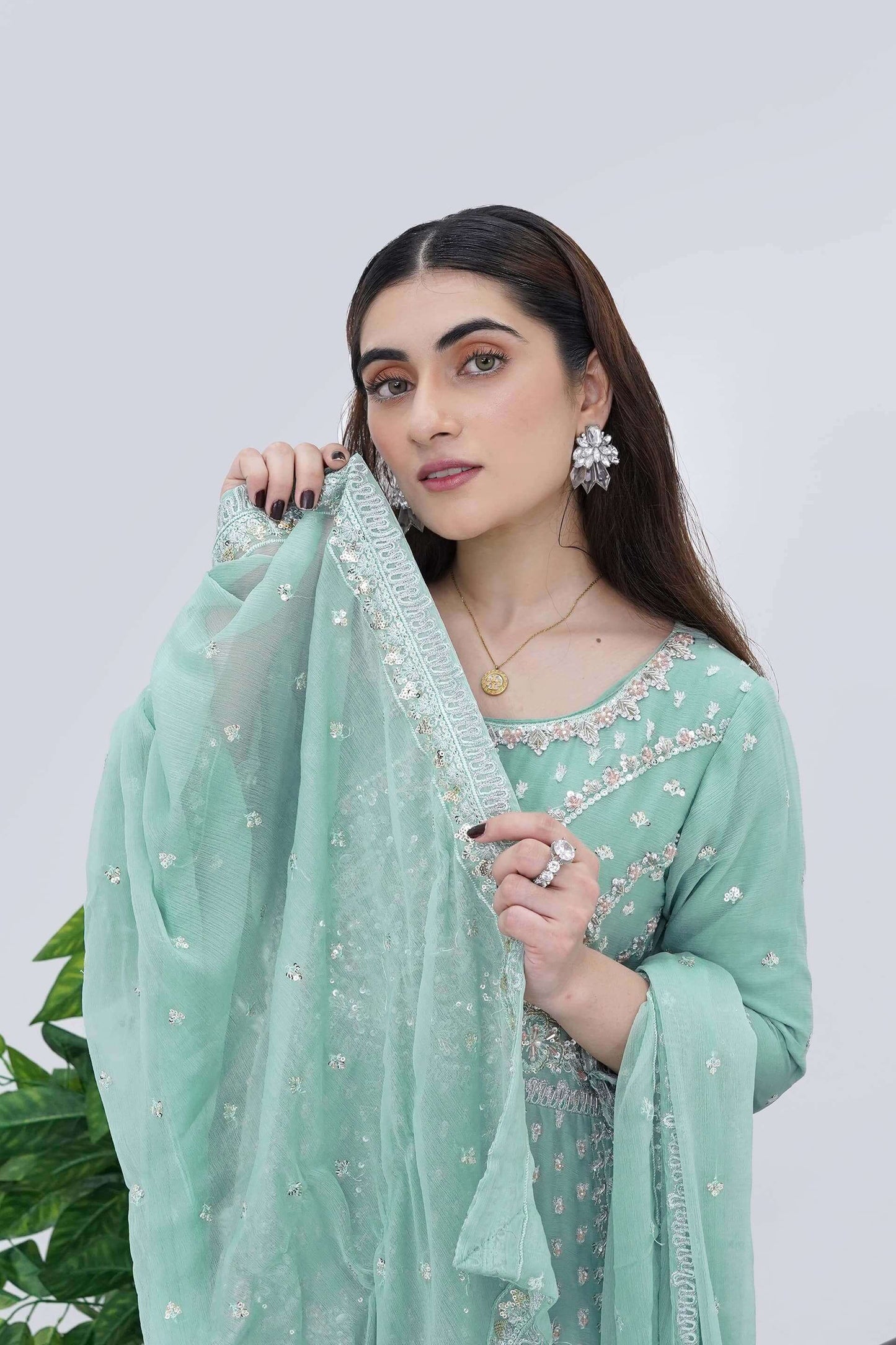 Women Wearing Mint Cream Designer Chiffon Maxi Dress with Handwork Dupatta Picture