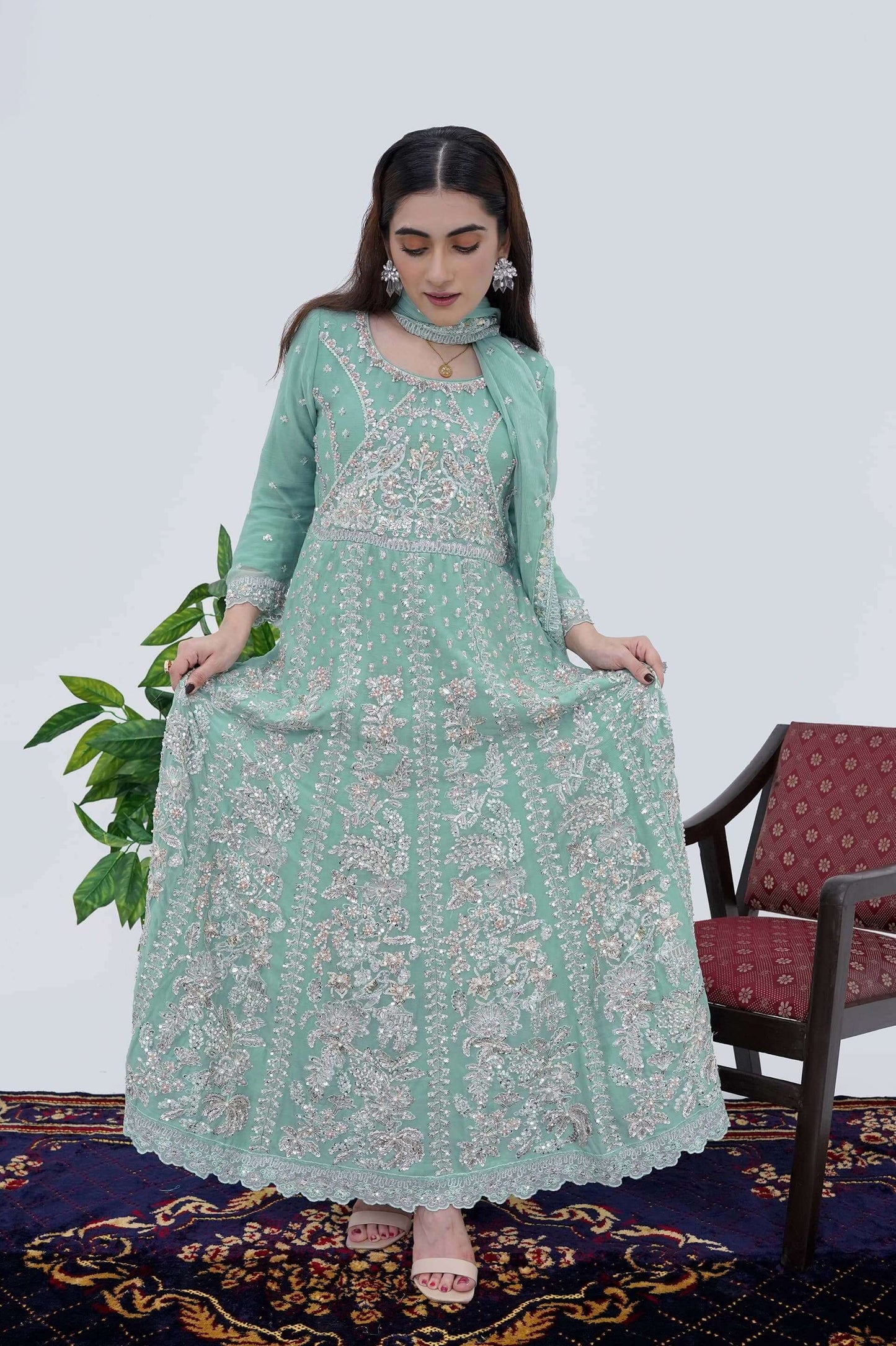 Women Wearing Mint Cream Designer Chiffon Maxi Dress with Handwork Close Picture Flare