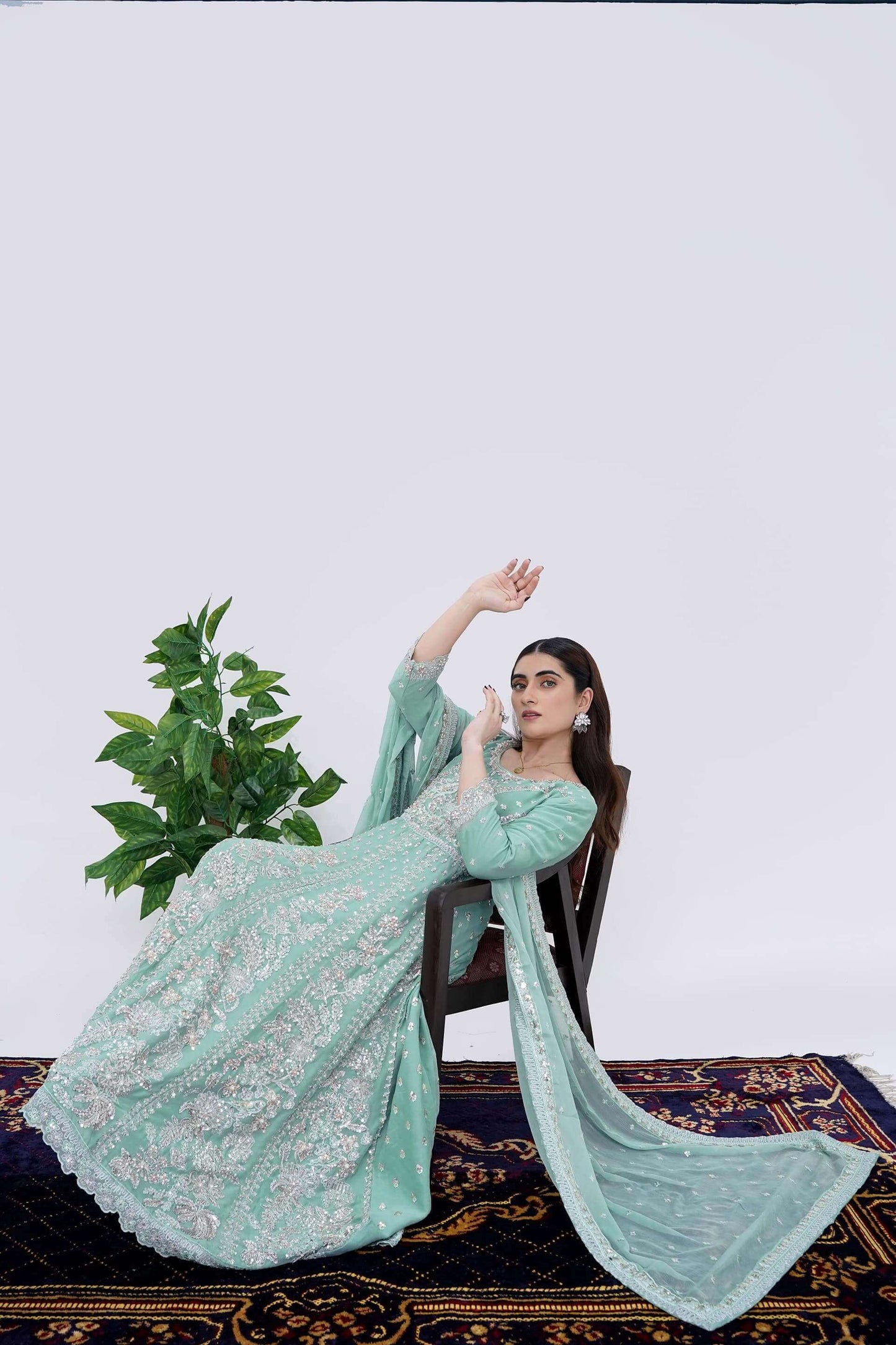 Women Wearing Mint Cream Designer Chiffon Maxi Dress with Handwork Dupatta Side Picture