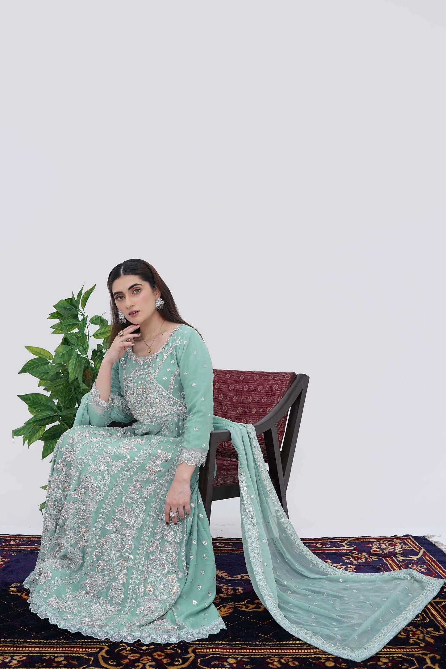 Women Wearing Mint Cream Designer Chiffon Maxi Dress with Handwork Dupatta Sit Picture