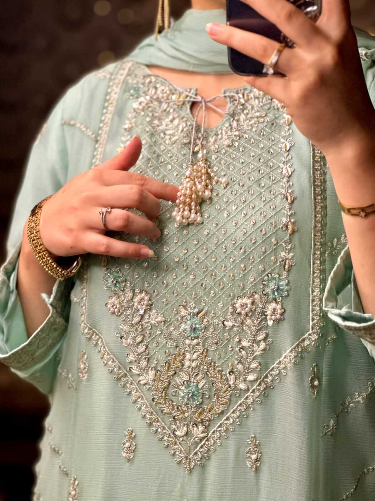 Women's Mint Green Chiffon Shalwar Kameez with Handwork close embroidery picture