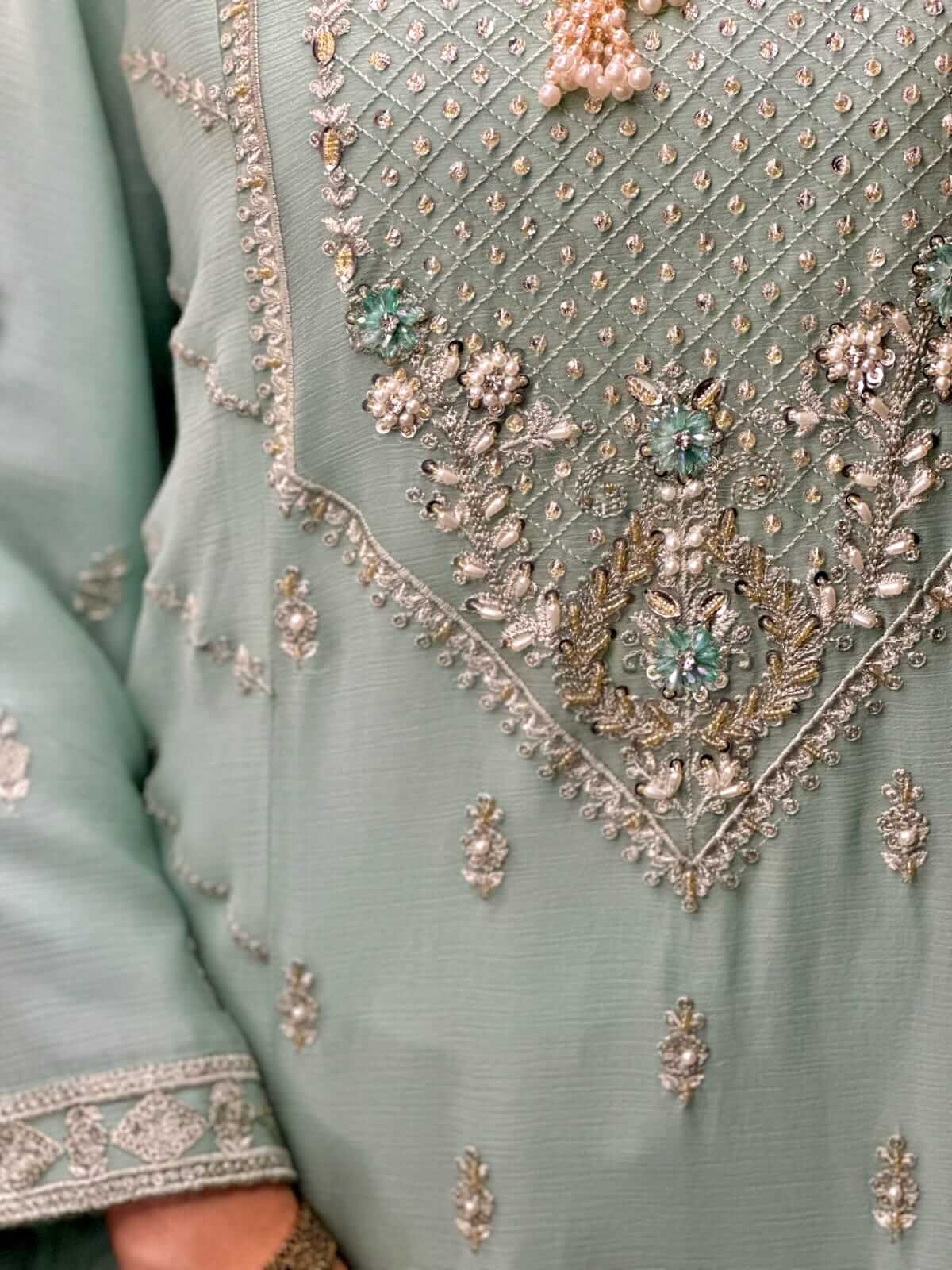 Women's Mint Green Chiffon Shalwar Kameez with Handwork close embroidery picture