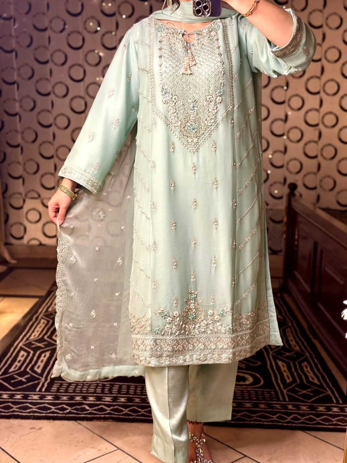 Women's Mint Green Chiffon Shalwar Kameez with Handwork Complete Picture