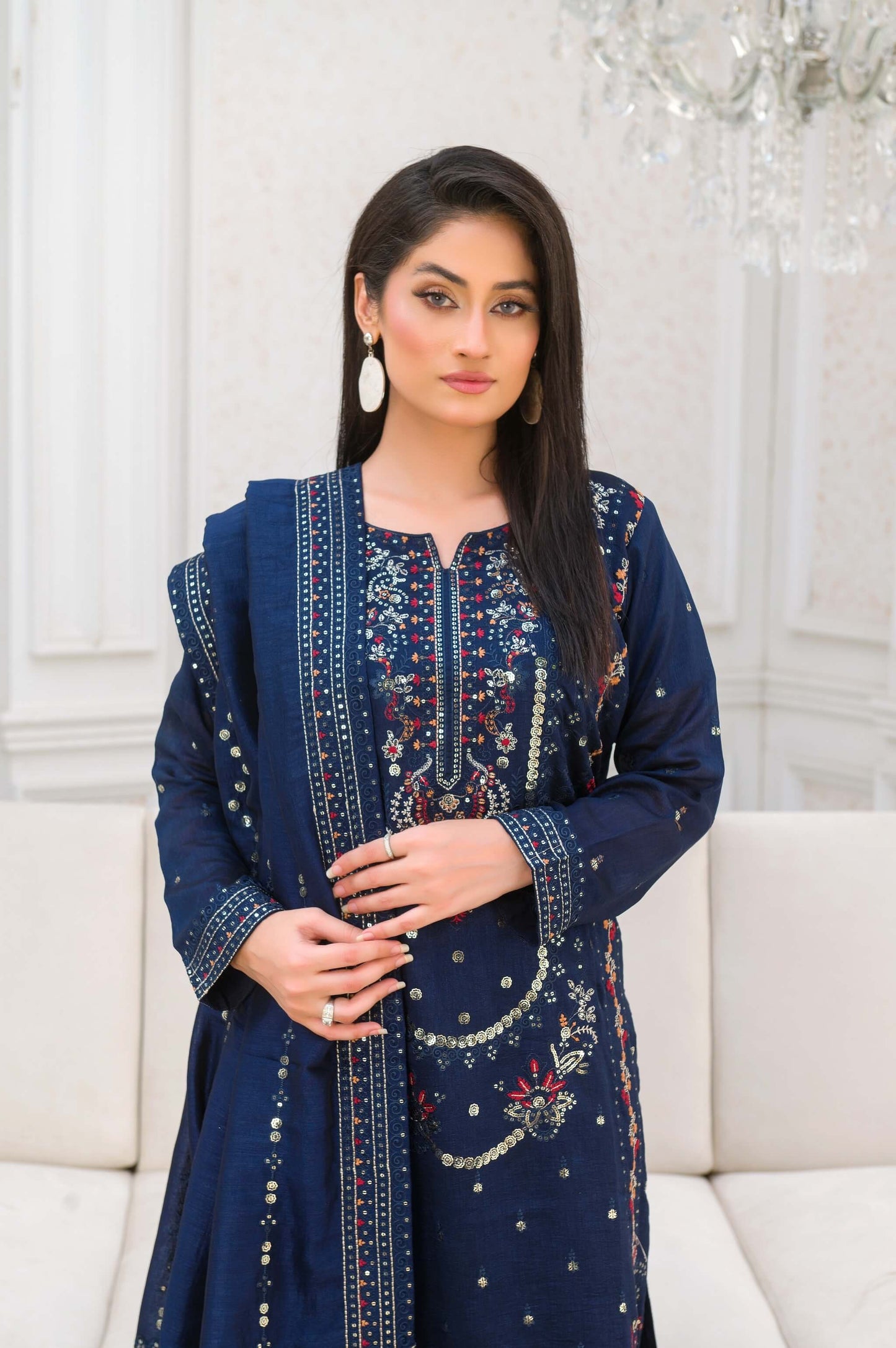 Navy Blue Raw Silk Shalwar Kameez with Multicolor Embroidery Close Embroidery
Picture