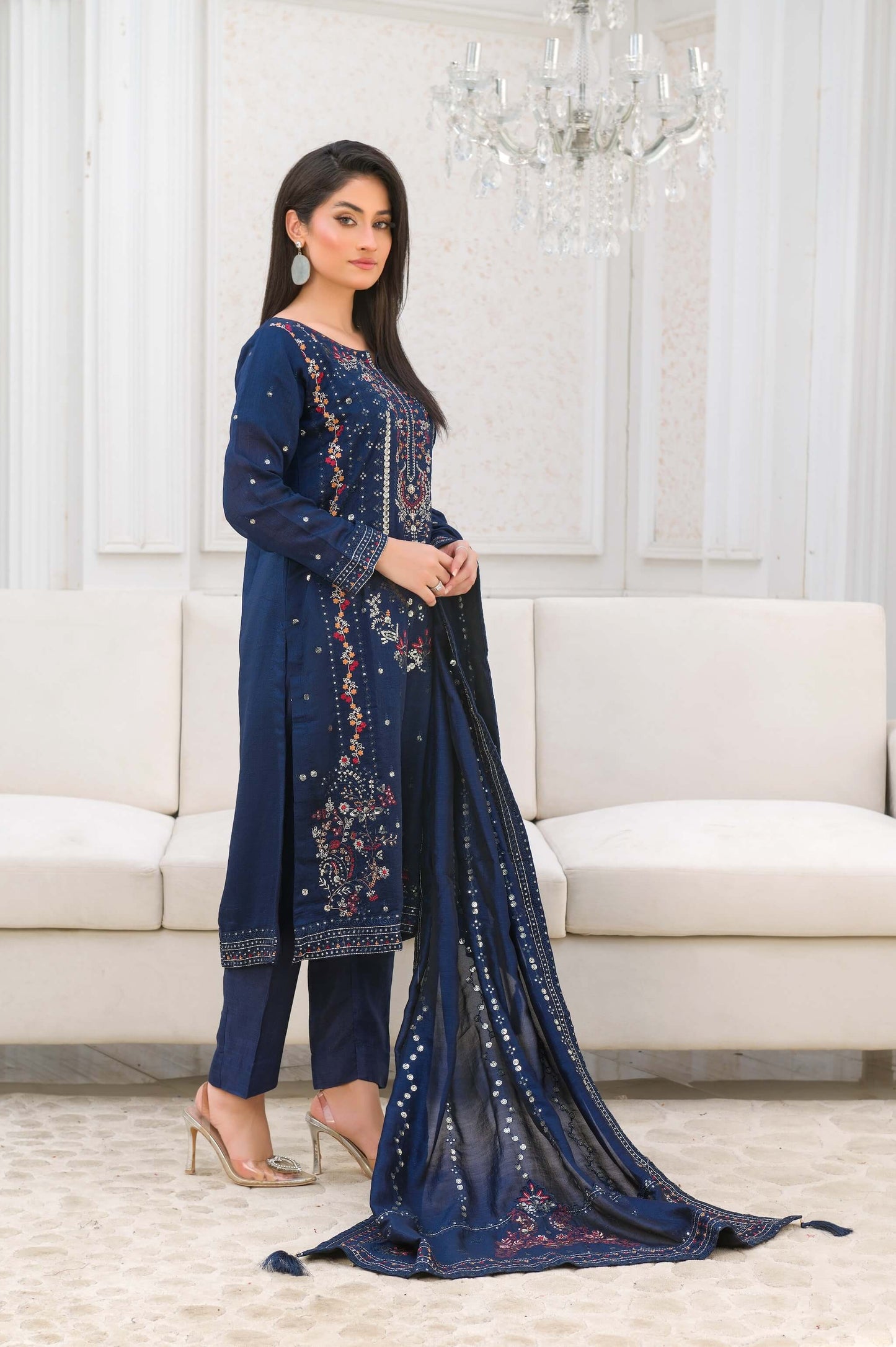 Navy Blue Raw Silk Shalwar Kameez with Multicolor Embroidery Side
Picture