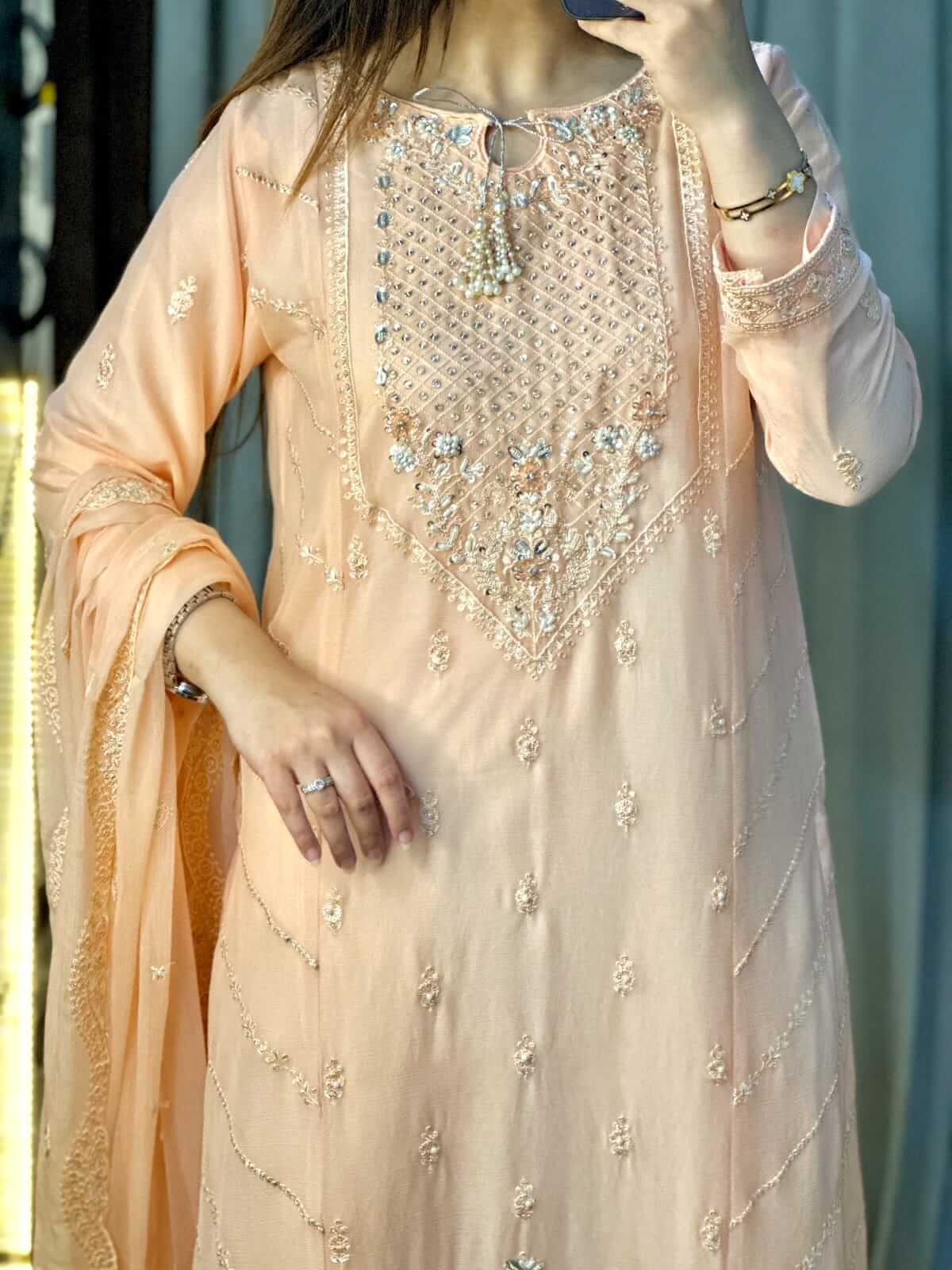 Women's Peach Chiffon Shalwar Kameez with Handwork Close Embroidery Pic