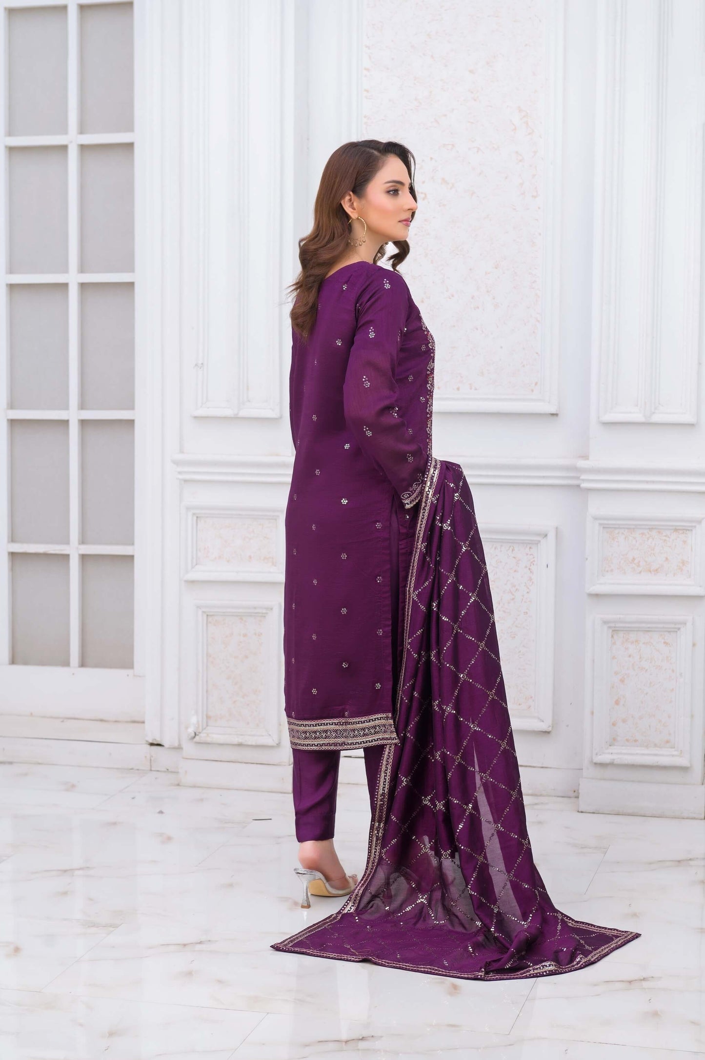 Purple Raw Silk Shalwar Kameez with Embroidery Back Picture