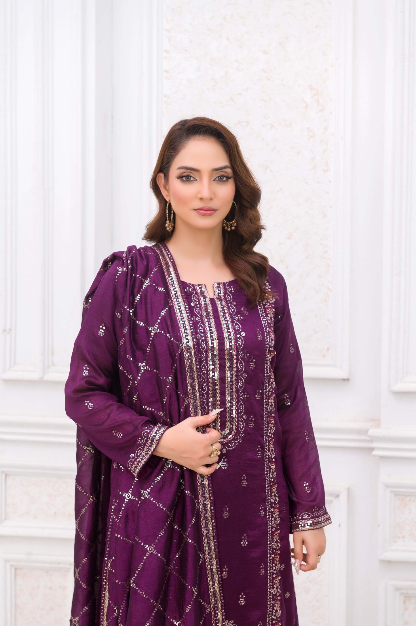 Purple Raw Silk Shalwar Kameez with Embroidery Close Embroidery Picture