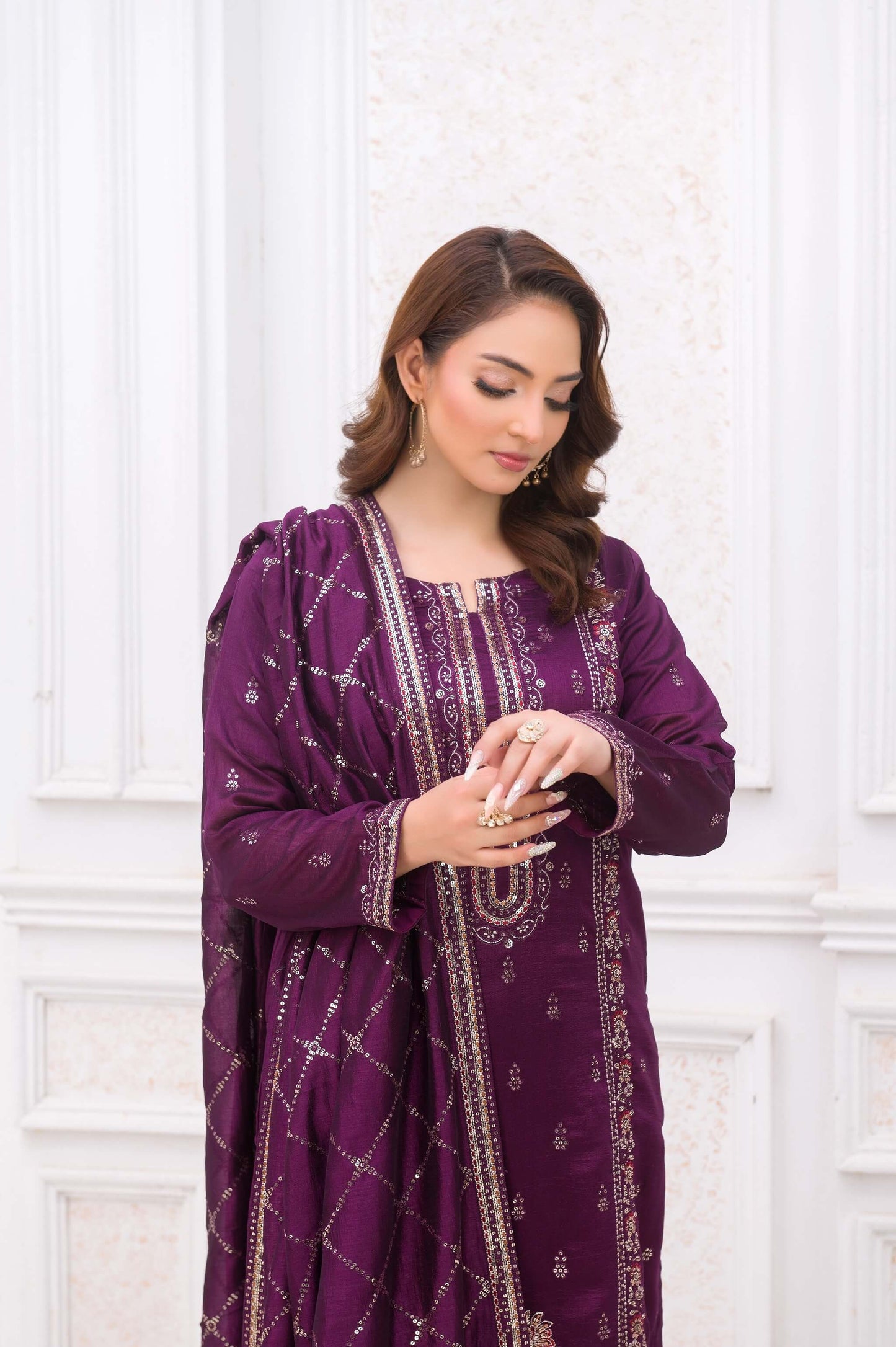 Purple Raw Silk Shalwar Kameez with Embroidery Close Embroidery Picture Action