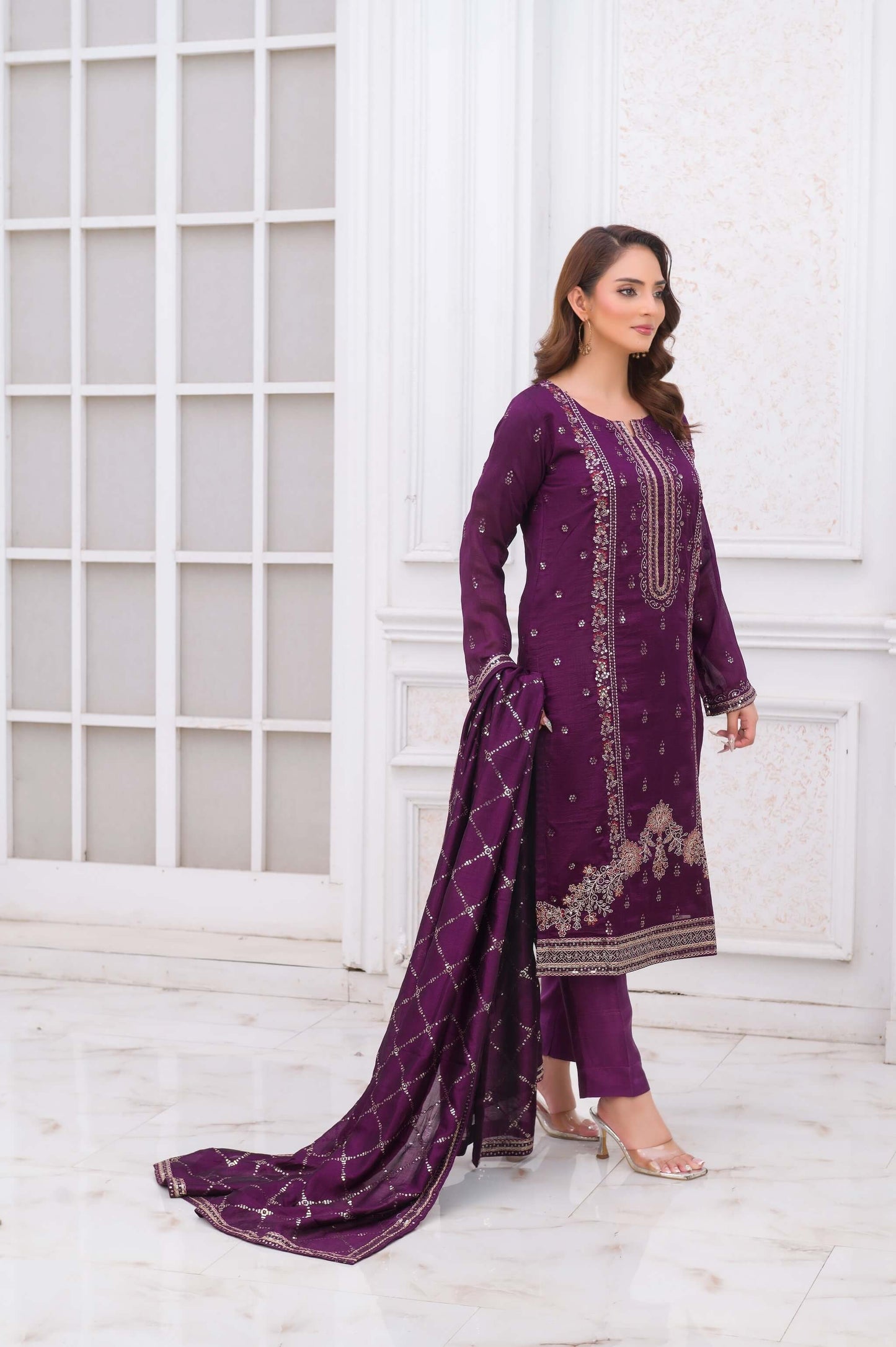 Purple Raw Silk Shalwar Kameez with Embroidery Side Picture