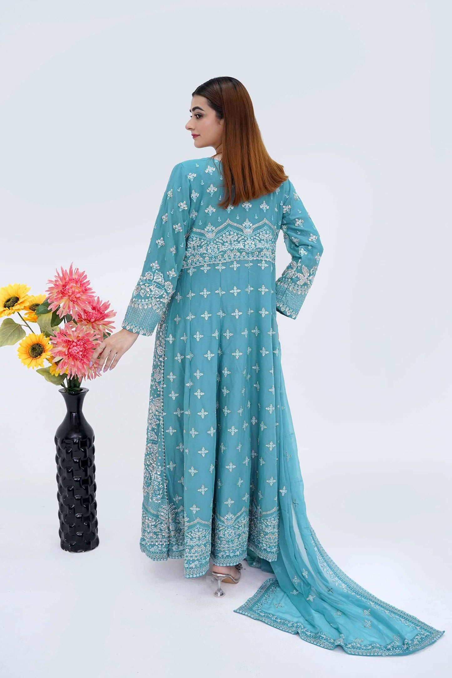 Sky Blue Bridesmaid Chiffon Maxi Dress with Handwork – Wedding Gown Back Picture
