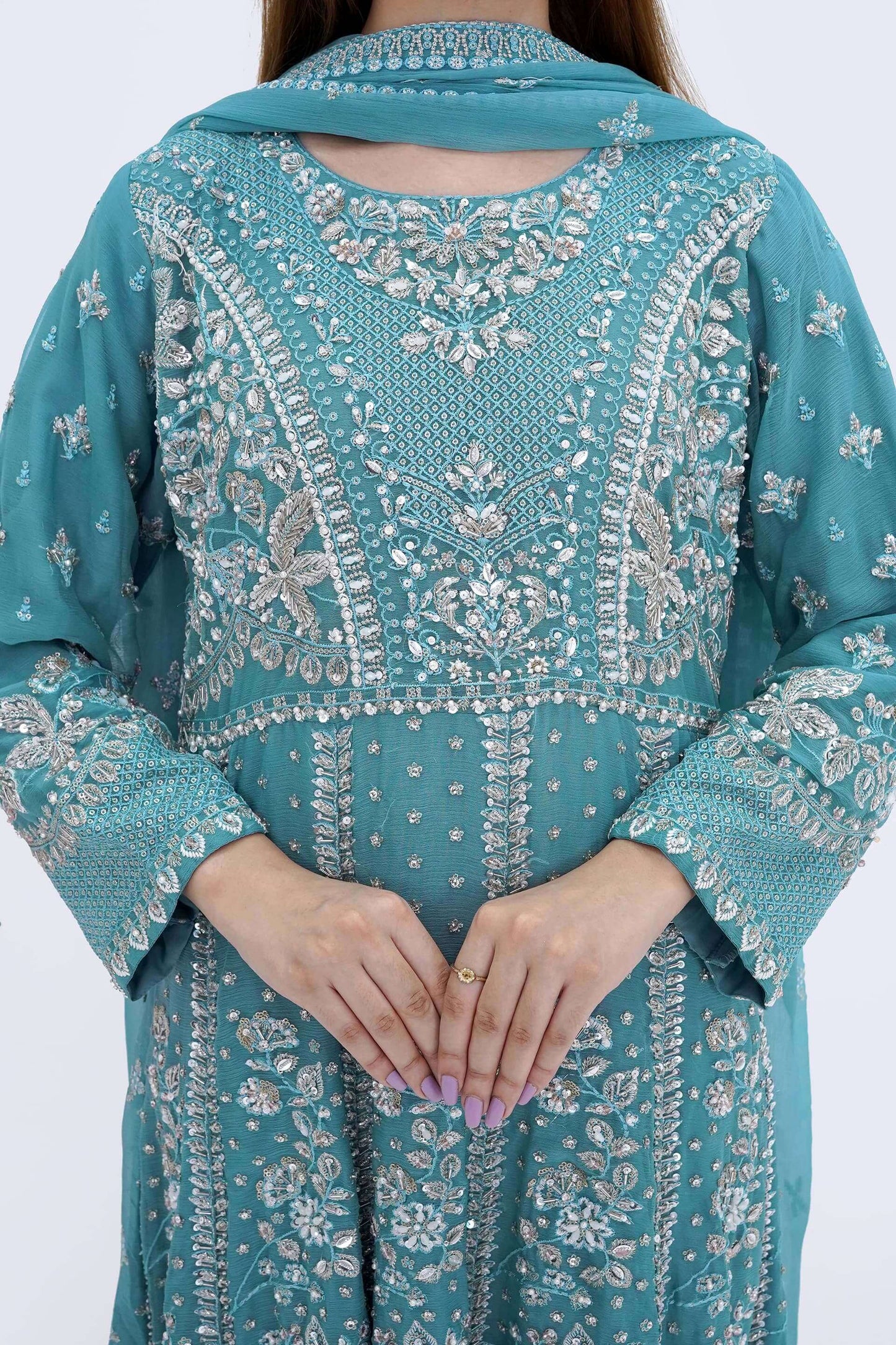 Sky Blue Bridesmaid Chiffon Maxi Dress with Handwork – Wedding Gown close embroidery Picture