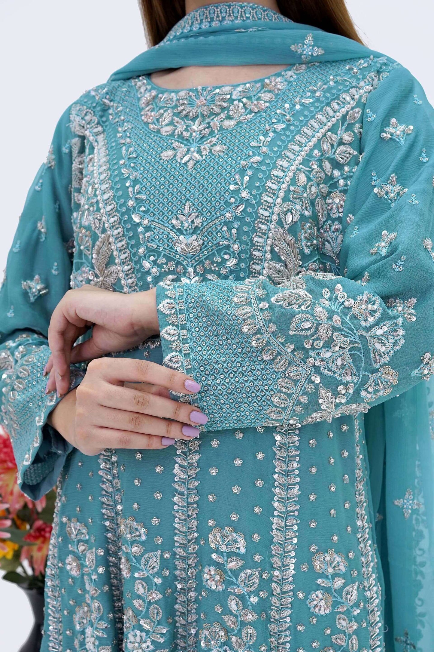 Sky Blue Bridesmaid Chiffon Maxi Dress with Handwork Full Picture