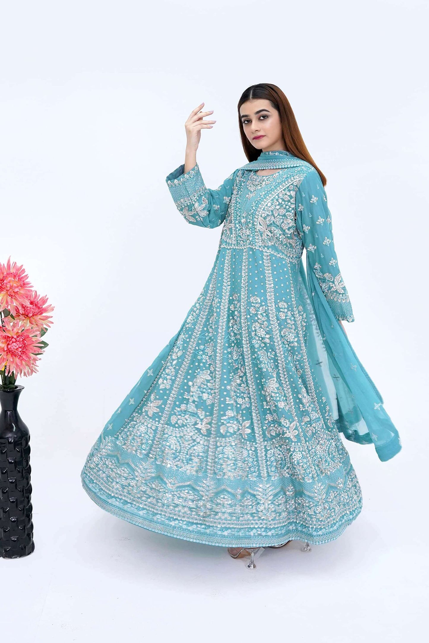 Sky Blue Bridesmaid Chiffon Maxi Dress with Handwork – Wedding Gown Moving Picture